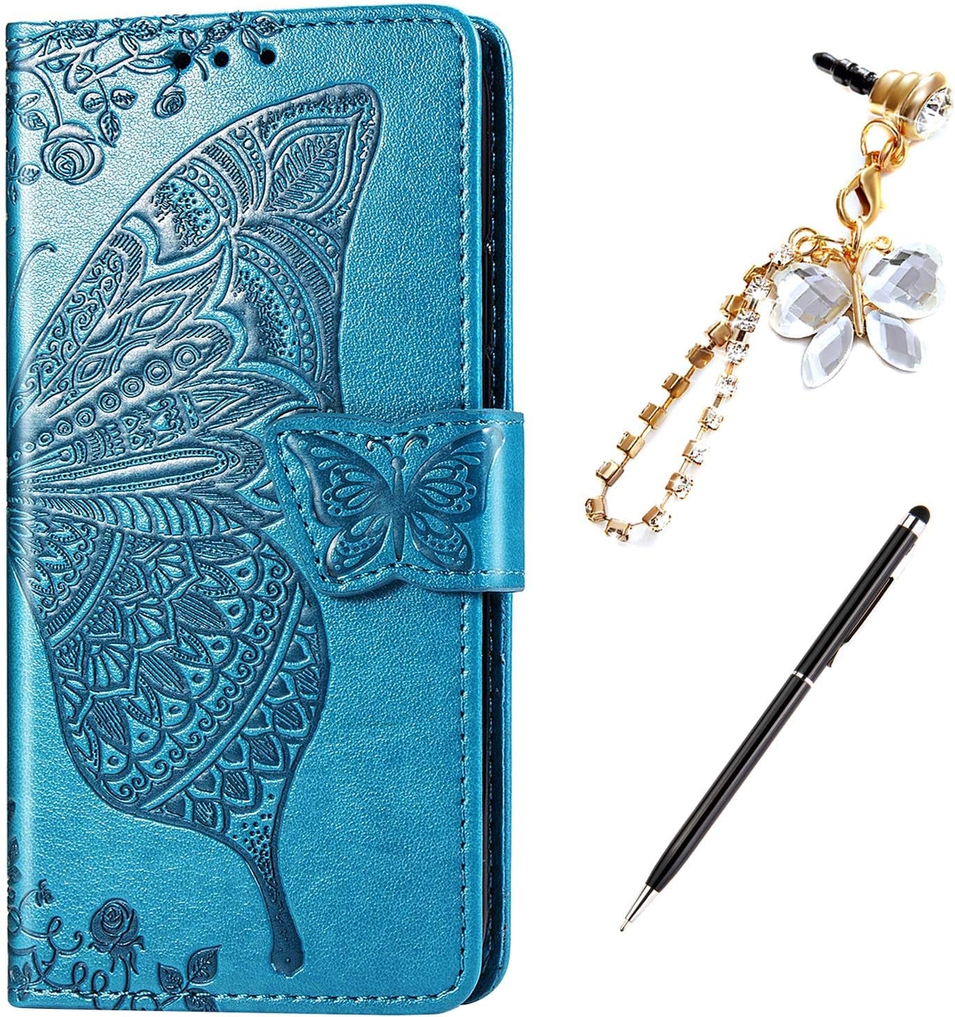 Case for LG G8 Thinq Cover,Embossing Mandala Butterfly Rose Vine Flip Folio Wallet Case PU Leather Stand Card Slots Protective Case Cover + Dust Plug Stylus for LG G8 Thinq Wallet Case,Blue  ikasus   