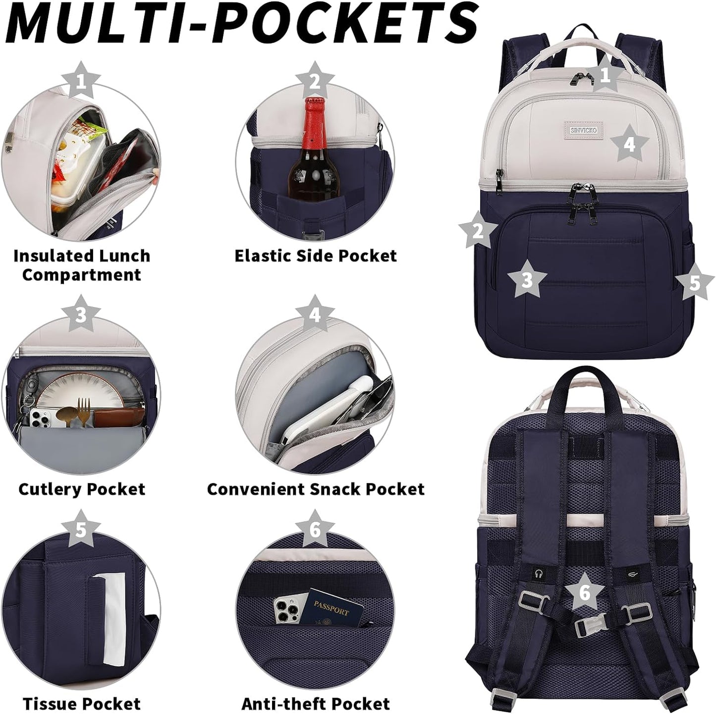 Cooler Backpack, Keeps 30 Cans Hot/Cold for up to 24 Hours, Waterproof & Leak Proof Soft Double Deck Cooler Bag - Insulated Backpack Cooler - Lunch Box Backpack for Men Women  SINVICKO   