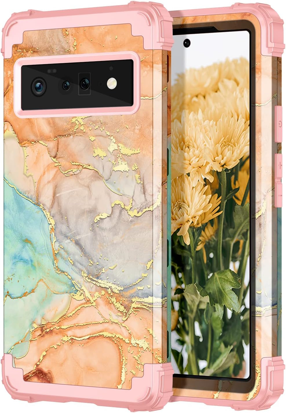 Hekodonk for Google Pixel 6 Pro Case,Heavy Duty Shockproof Protection Hard Plastic+Silicone Rubber Hybrid 3 in 1 Drop Protective Case for Google Pixel 6 Pro White Flower  Hekodonk Orange Marble  