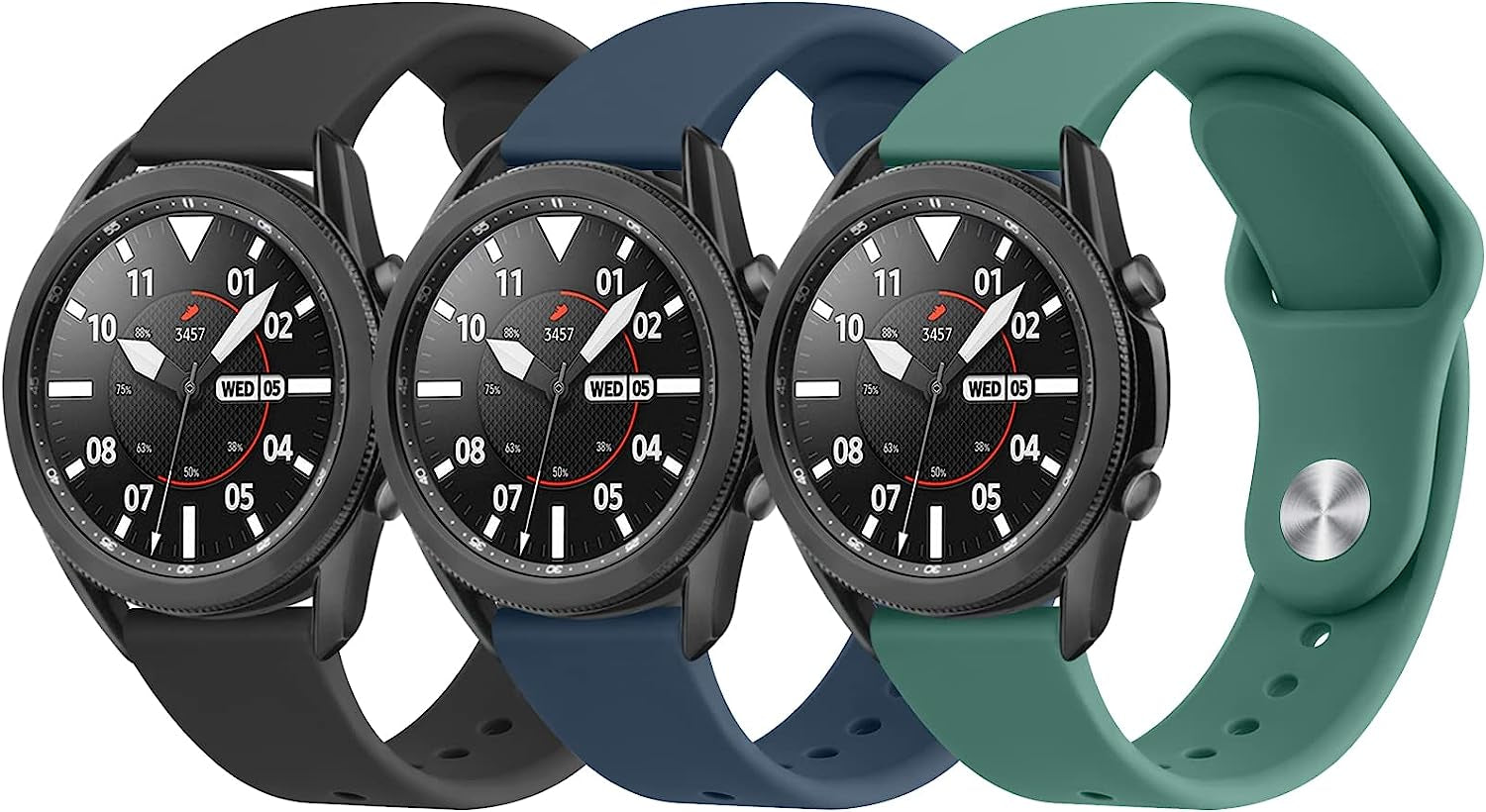 3 PACK Bands Compatible with Samsung Galaxy Watch 3 Bands 45Mm, Galaxy Watch 46Mm Band, 22Mm Adjustable Soft Silicone Sport Strap Replacement Band for Galaxy Watch 3 45Mm Women Men  Wanme Black+Abyss Blue+Pine Green  