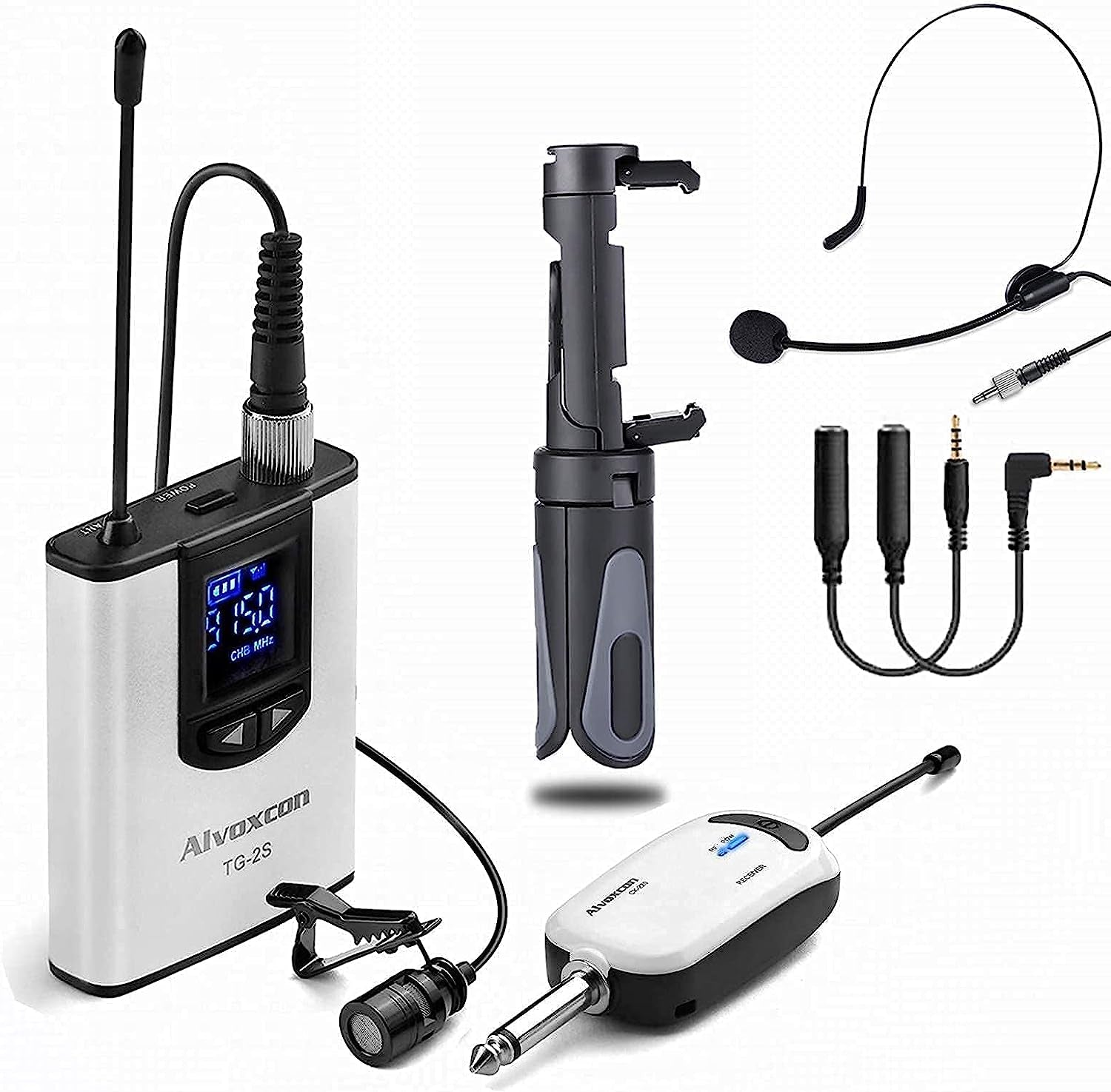 Alvoxcon Wireless Headset Lavalier Microphone System with Phone Holder Wireless Lapel Mic for Iphone, DSLR Camera, PA Speaker, Youtube, Zoom, Podcast, Video Recording, Conference, Vlog. with Stand  Alvoxcon   