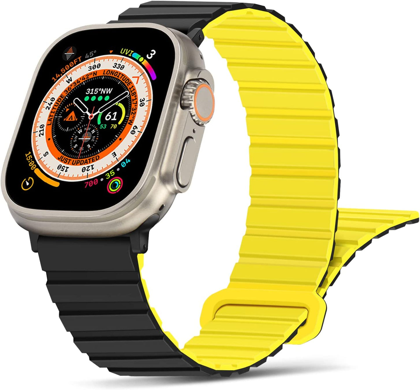 Tasikar Compatible with Apple Watch Band 49Mm 45Mm 44Mm 42Mm Silicone Magnetic Loop Bands [Double Sided Wearable] Designed for Apple Watch Ultra Series 8 7 (45Mm) SE 6 5 4 (44Mm) 3 2 1 (42Mm), Grey Orange  Tasikar Black Yellow 42mm/44mm/45mm/49mm 
