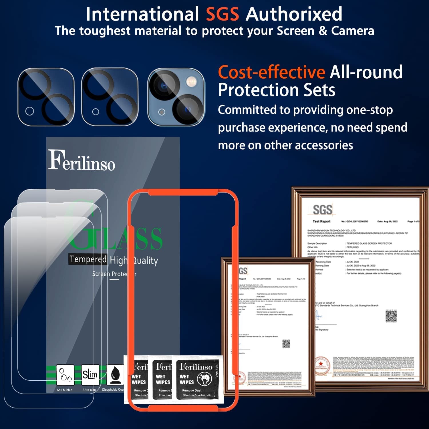 Ferilinso [6-In-1] for Apple Iphone 14 & 13 Screen Protector Accessories 3 Pack 9H Tempered Glass 2 Pack HD Camera Lens Protector Cover Protection Case Friendly Mounting Frame Protector De Pantalla  Ferilinso   