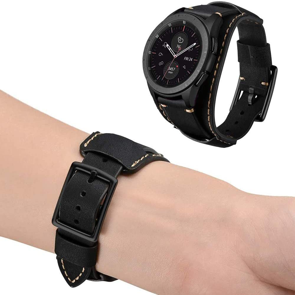 Hepsun Compatible with Samsung Galaxy Watch 5/Watch 4/Watch 42Mm/Watch 3 41Mm/Active 40Mm/Active 2/Gear S2 Classic/Sport /Fossil Q Gazer/Ticwatch 2/Garmin Vivoactive 3 Bands, 20Mm Vintage Cuff Genuine Leather Band Strap for Men Women (Black)  Hepsun   