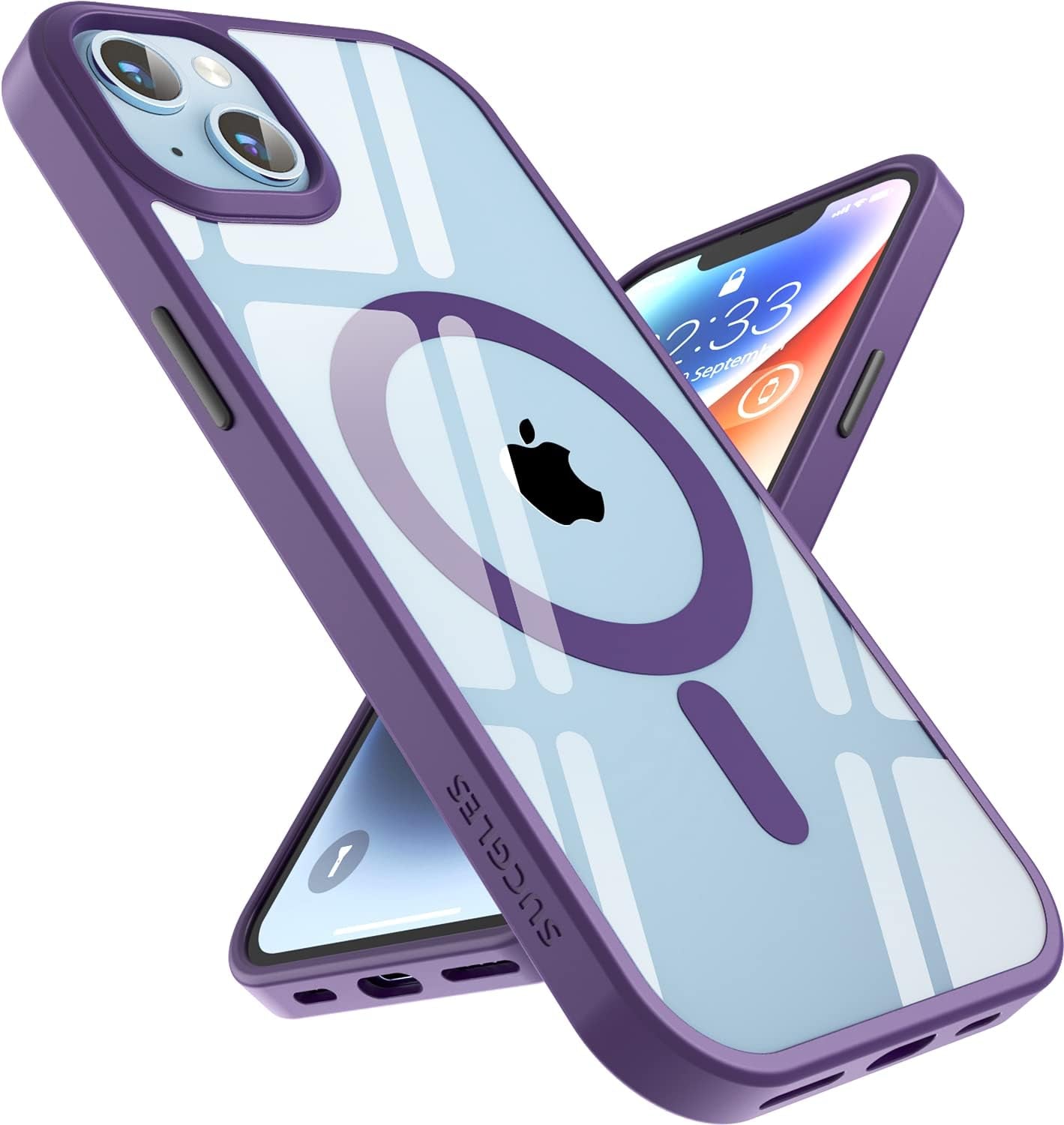 (2023 New) for Iphone 14 plus Case with Magsafe, [Strong Magnet] [Non-Yellowing] [10FT Military Grade Protection] Magnetic Clear Slim Mag Safe Bumper Thin Cover for (Apple 14Plus, Clear-Black)  Gotrays Gavin LLC Clear-Deep Purple Iphone 14 Case 