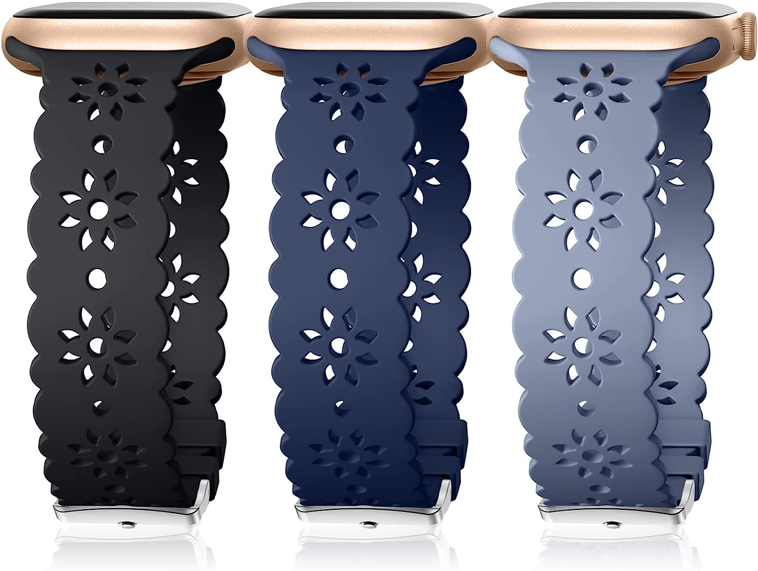 IMIVIO Hollow-Out Lace Slim Bands Compatible with Apple Watch 38Mm 40Mm 41Mm 42Mm 44Mm 45Mm 49Mm for Women Men, Hollow-Out Soft Replacement Strap for Iwatch Ultra Series 8 7 6 5 4 3 2 1 SE, 3 Pack  IMIVIO Drak Blue/Blue Gery/Black 38mm/40mm/41mm 