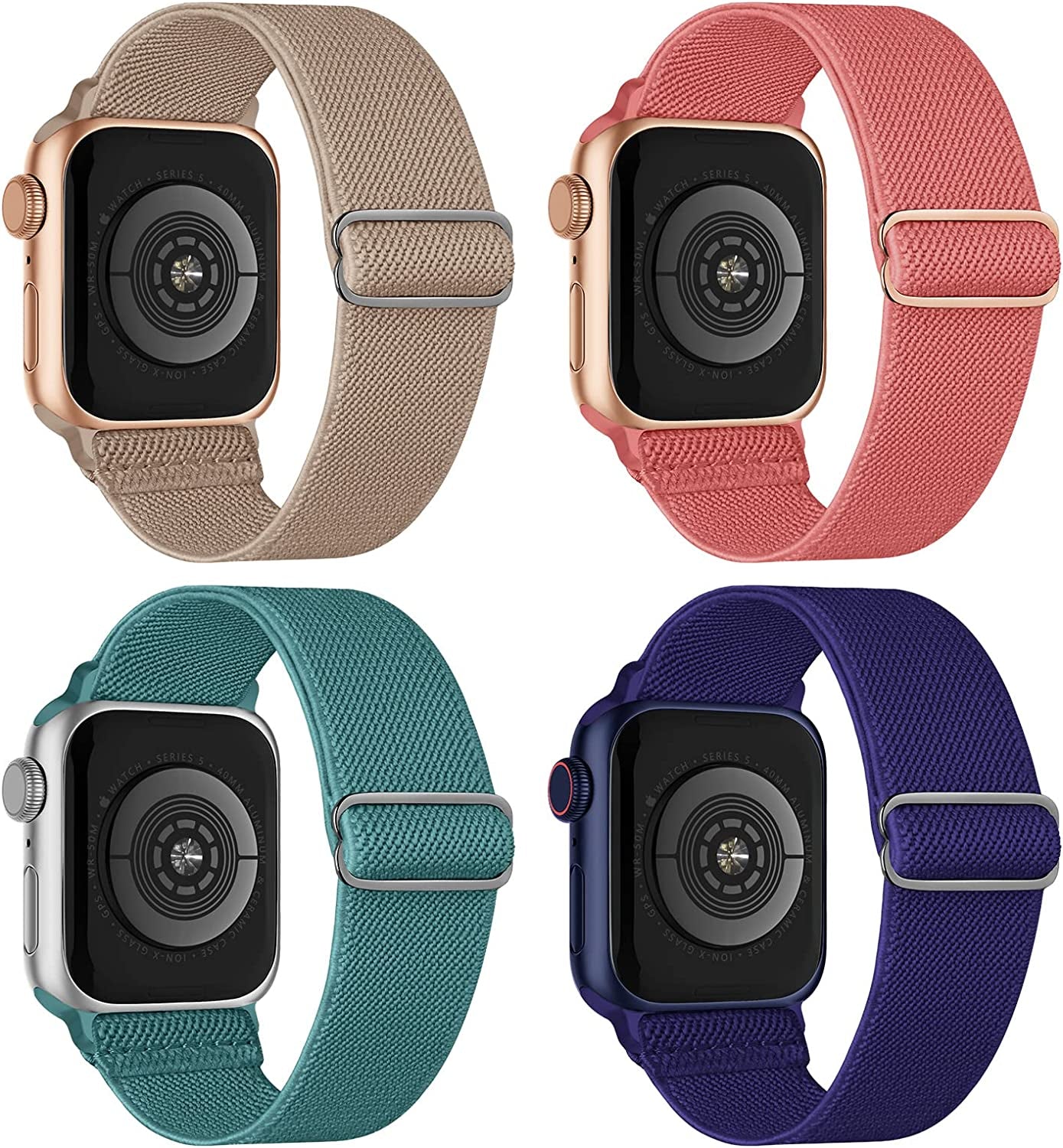 Stretchy Nylon Solo Loop Compatible with Apple Watch Band 38Mm 40Mm 41Mm 42Mm 44Mm 45Mm 49Mm Series 8/7/6/5/4/3/2/1/Se/Ultra  CCnutri Coral/Bluish-Green/Blue/Milk Tea 38mm/40mm/41mm 