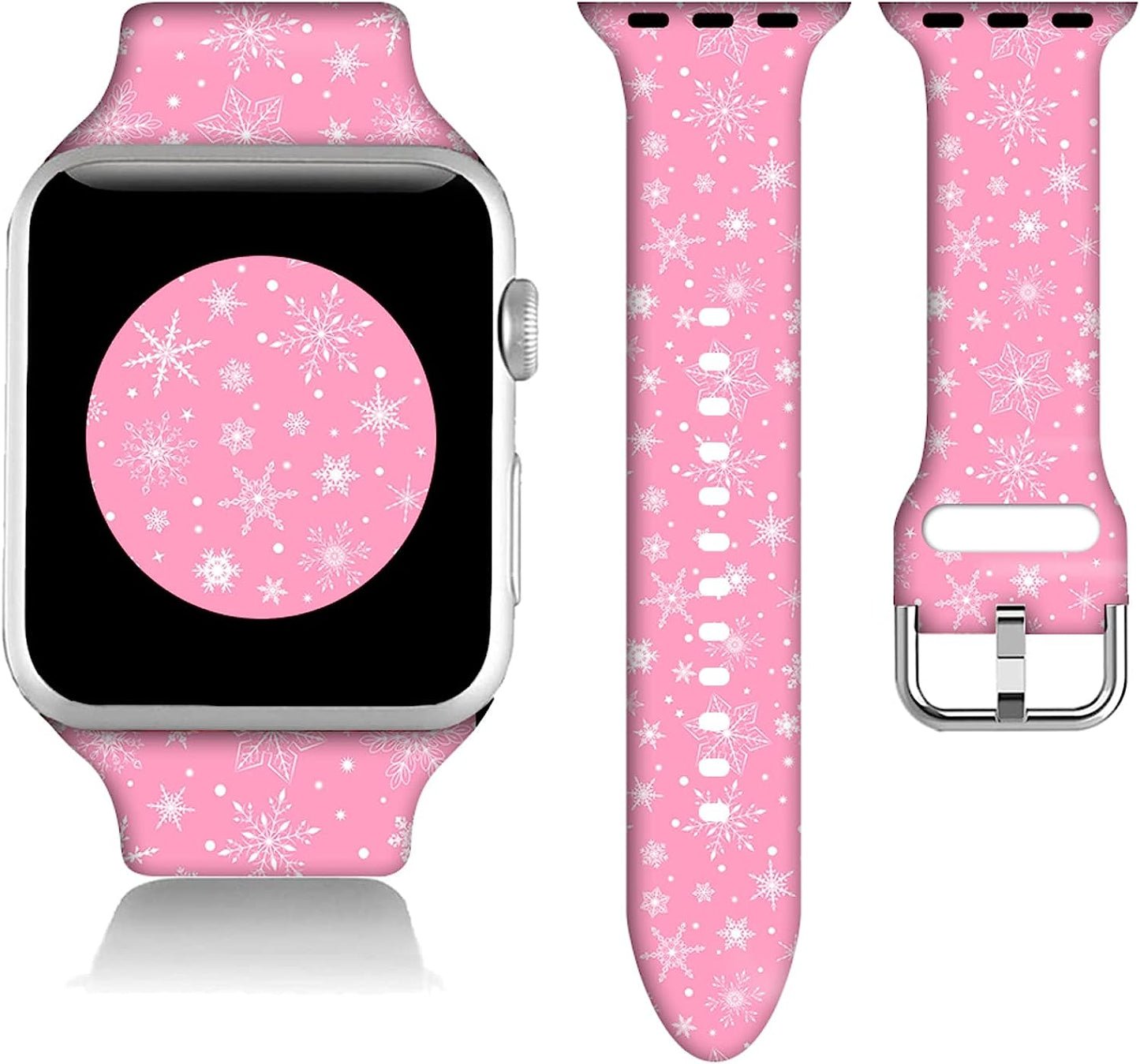 Christmas Gifts Decorations Wristband Straps for Apple Watch Band 38Mm/40Mm/41Mm/42Mm/44Mm/45Mm Soft Silicone Happy New Year Watch Band Strap for Apple Smart Watch Series 7 6 5 4 3 2 1 SE.  DGDGDG Pink Christmas Snowflakes 42mm/44mm/45mm 