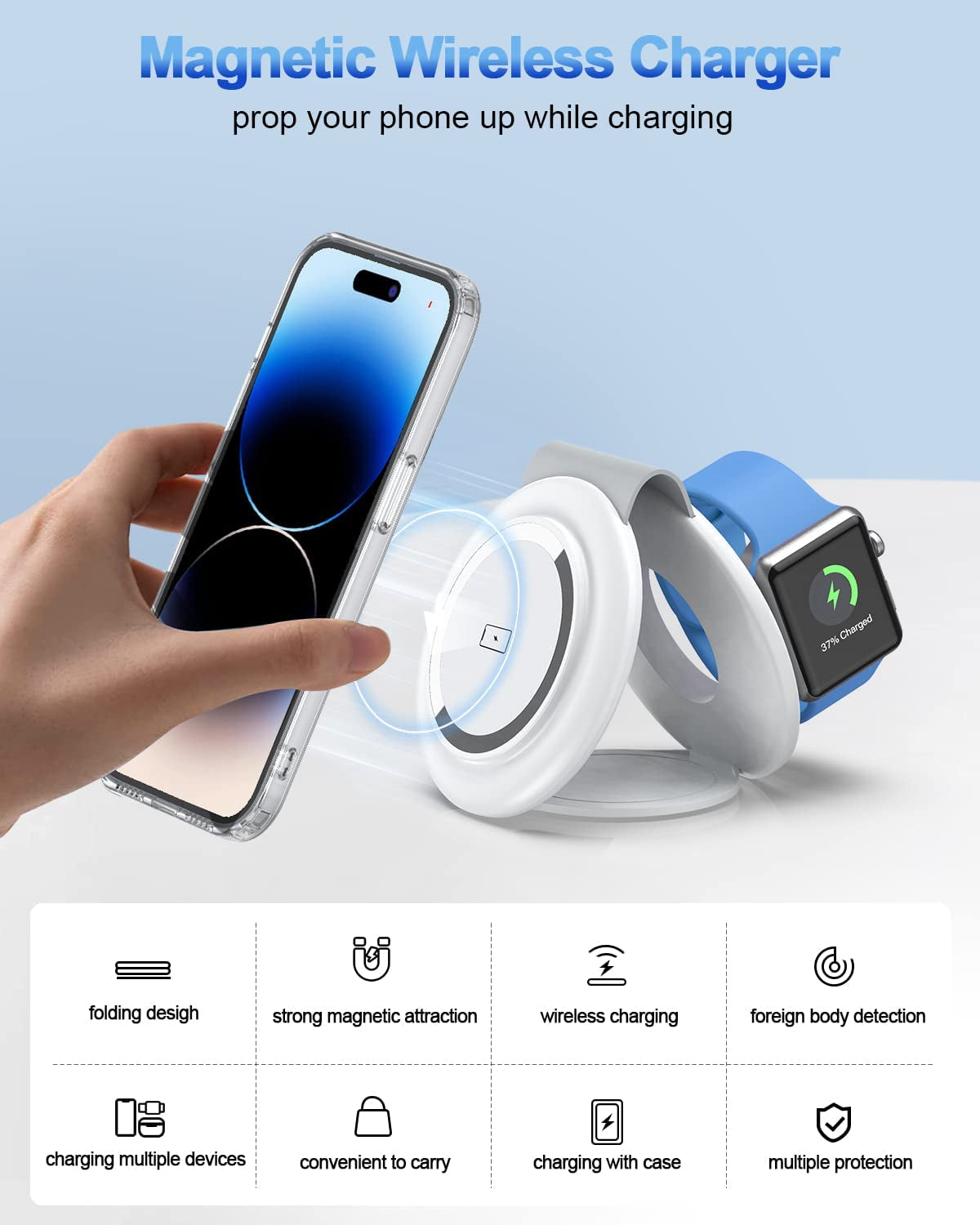 RTOPS Wireless Charger, 2 in 1 Magnetic Wireless Charging Station, Foldable Travel Charger Multiple Devices Compitable for Iphone 14/13/12/Pro/Max, Iwatch, Airpods(Adapter Includes)  DongGuanShi WeizhiChuang Technology Co., Ltd   