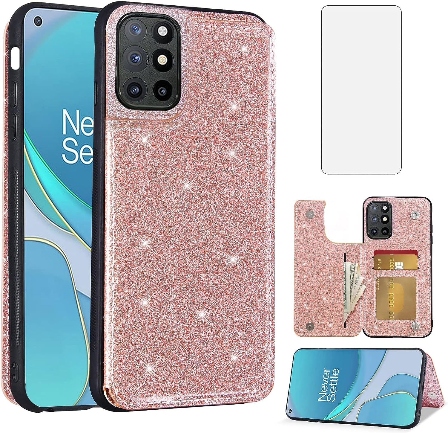 Asuwish Phone Case for Oneplus 8T Oneplus8T plus 9R 5G Wallet Cover with Screen Protector and Card Holder Bling Glitter Cell One Plus8T5G on + 1 plus 8Tplus 1Plus 8T+ One+ T8 1+ 1+8T Pro G5 Black  Asuwish Rose Gold  
