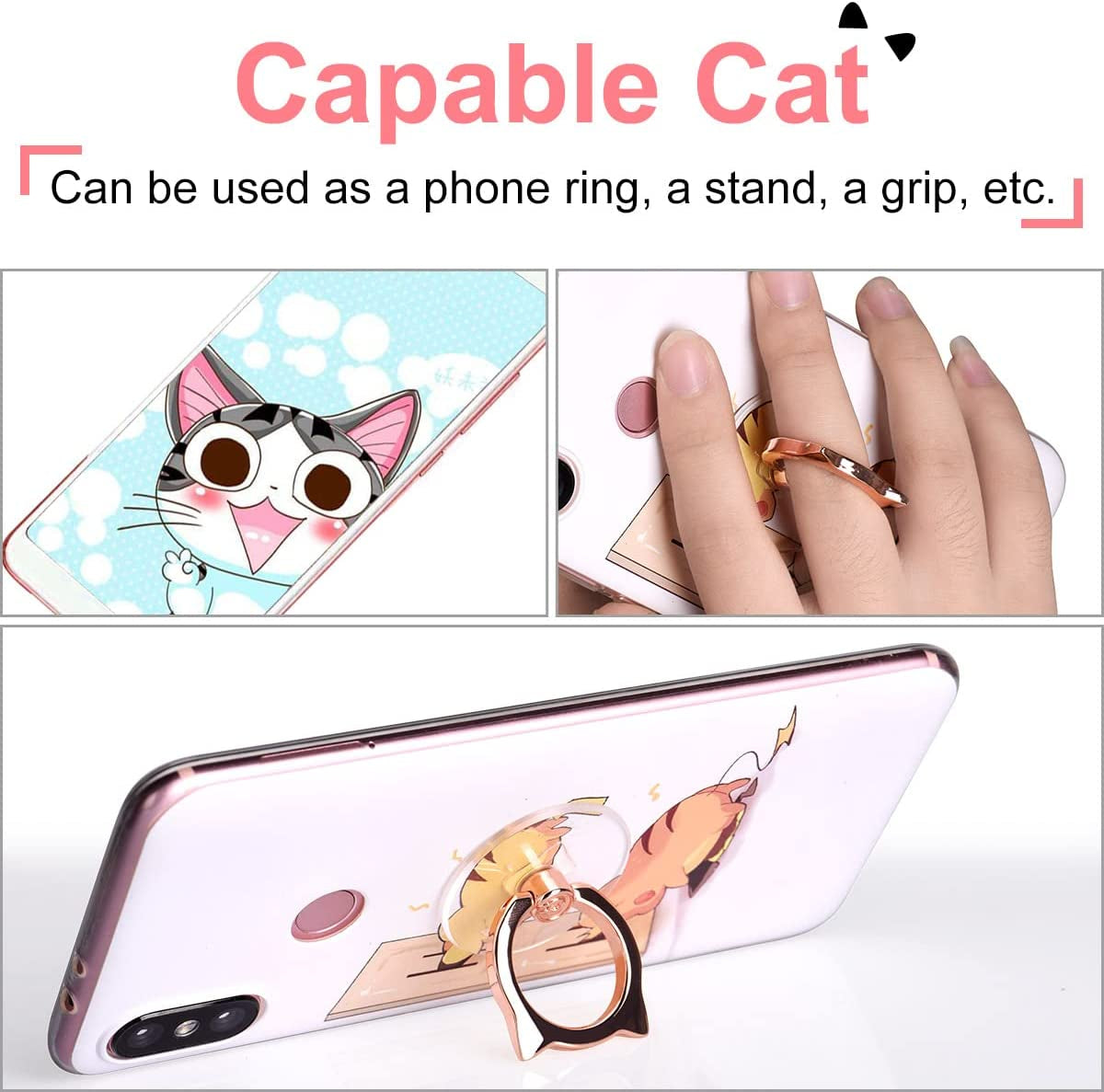 Cat Phone Ring Holder - EI Sonador Clear Cell Phone Ring Holder Transparent Stand Finger Grip (1 Silver + 1 Rose Gold Cat)  EI Sonador   