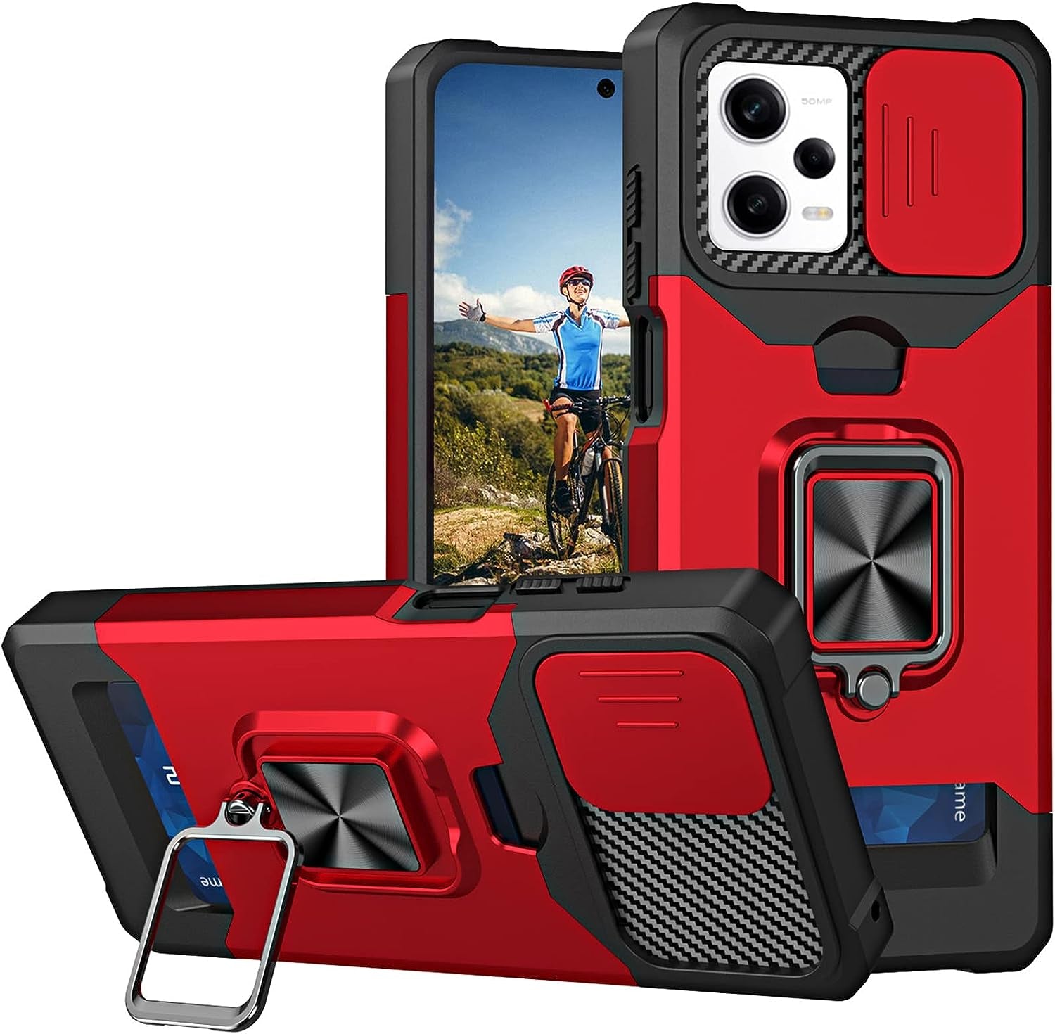 Ysnzaq for Xiaomi Redmi Note 12 Pro Case with Card Holder and Sliding Camera, Military Grade Shockproof Protective Phone Cover for Xiaomi Redmi Note 12 Pro/Poco X5 Pro YHZH Black  Ysnzaq Red  