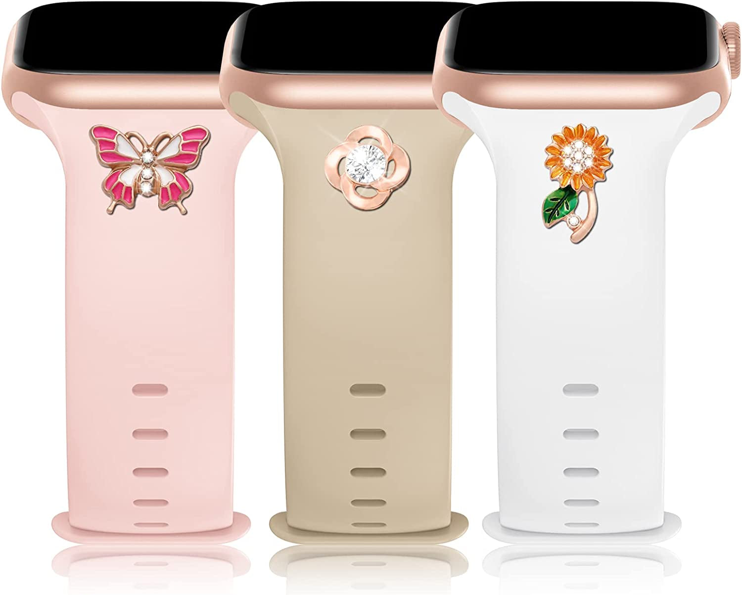 3 Pack Sport Band with DIY Charms Compatible with Apple Watch Bands 41Mm 40Mm 38Mm, Designer Soft Silicone Wristbands Replacement Strap for Iwatch Series SE 8 7 6 5 4 3 2 1 Utral for Women Men  Plesechde White/Sand Pink/Light Walnut 42mm/44mm/45mm/49mm 