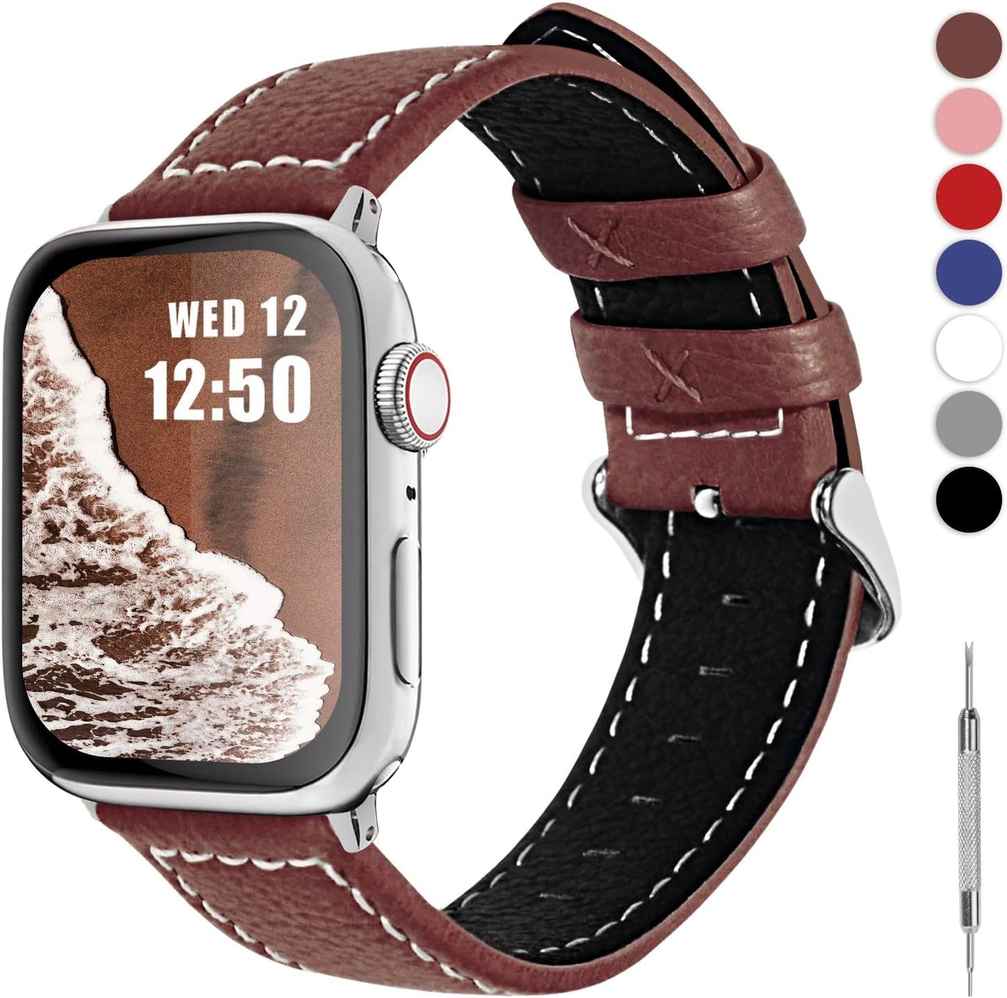 Fullmosa Compatible Apple Watch Band Leather 42Mm 44Mm 45Mm 38Mm 41Mm 40Mm for Iwatch Se/Se2/Series 8/7/6/5/4/3/2/1/Ultra 49Mm,42Mm/44Mm/45Mm White + Silver Buckle  Fullmosa LichiBrown + silver buckle 42mm/44mm/45mm/49mm 