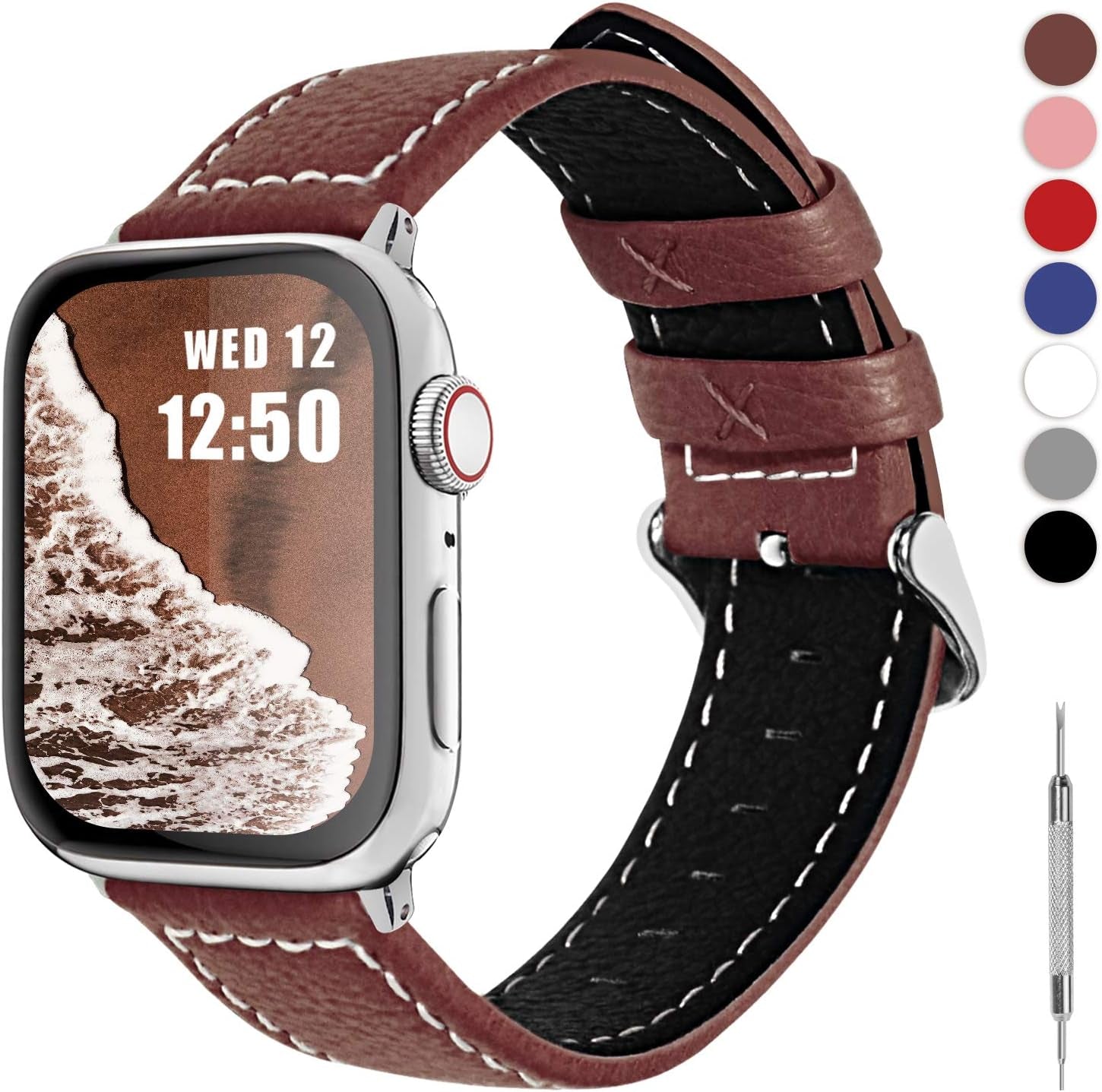 Fullmosa Compatible Apple Watch Band Leather 42Mm 44Mm 45Mm 38Mm 41Mm 40Mm for Iwatch Se/Se2/Series 8/7/6/5/4/3/2/1/Ultra 49Mm,42Mm/44Mm/45Mm White + Silver Buckle  Fullmosa LichiBrown + silver buckle 42mm/44mm/45mm/49mm 