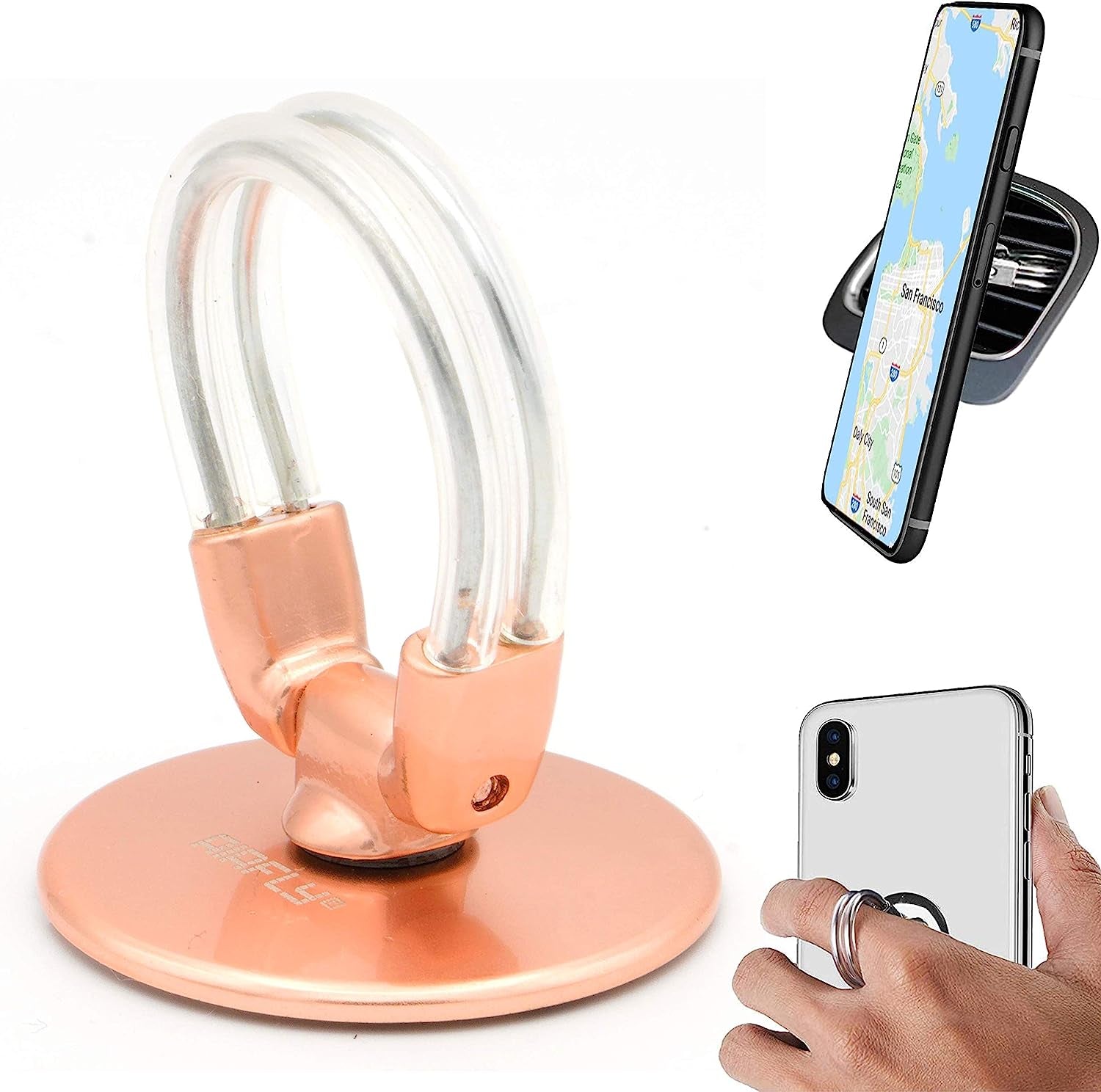 Airfly Phone Finger Ring Holder, 4 in 1, Universal Metal Phone Ring, Table Stand Kickstand, Car Vent Mount, Finger Grip Compatible All Smartphones, Black  AirFly SF Rose Matte  