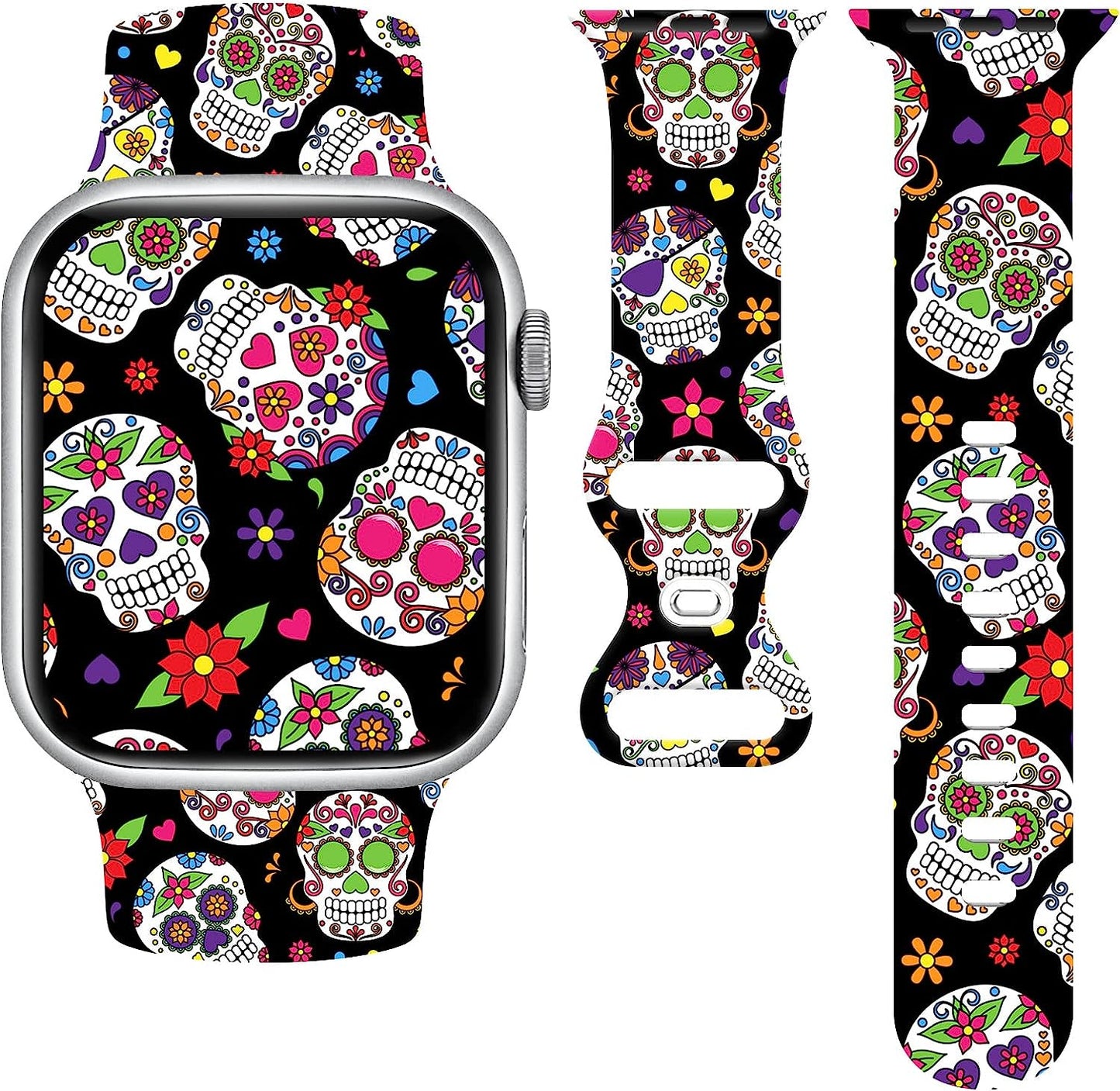 Halloween Watch Band Compatible with Apple Watch 38Mm 40Mm 41Mm 42Mm 44Mm 45Mm, Day of the Dead Decor Replacement Bands Silicone Wristbands Strap Compatible with All Iwatch Series  WANSENCE Style-6 42mm/44mm/45mm 