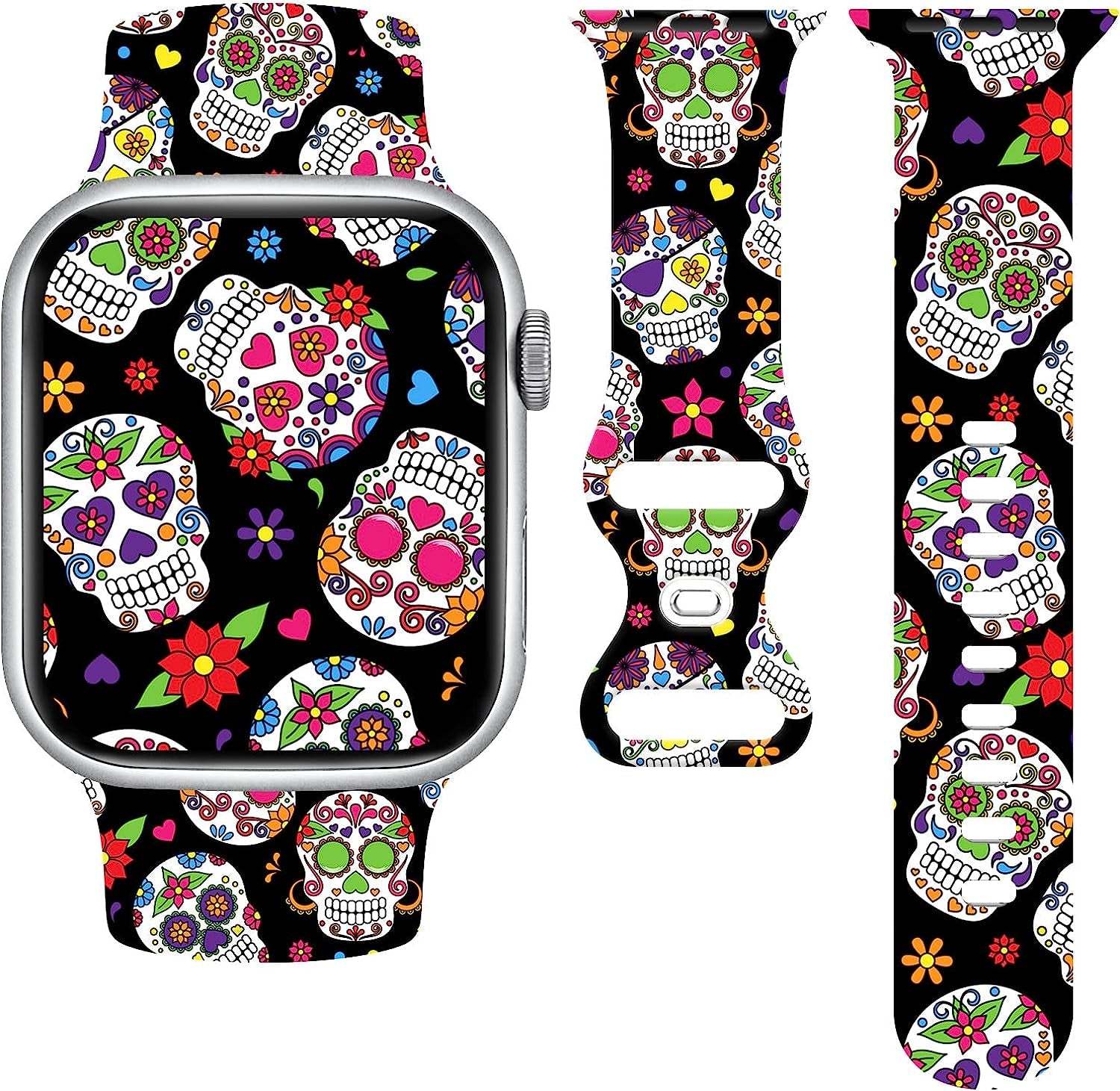 Halloween Watch Band Compatible with Apple Watch 38Mm 40Mm 41Mm 42Mm 44Mm 45Mm, Day of the Dead Decor Replacement Bands Silicone Wristbands Strap Compatible with All Iwatch Series  WANSENCE Style-6 42mm/44mm/45mm 
