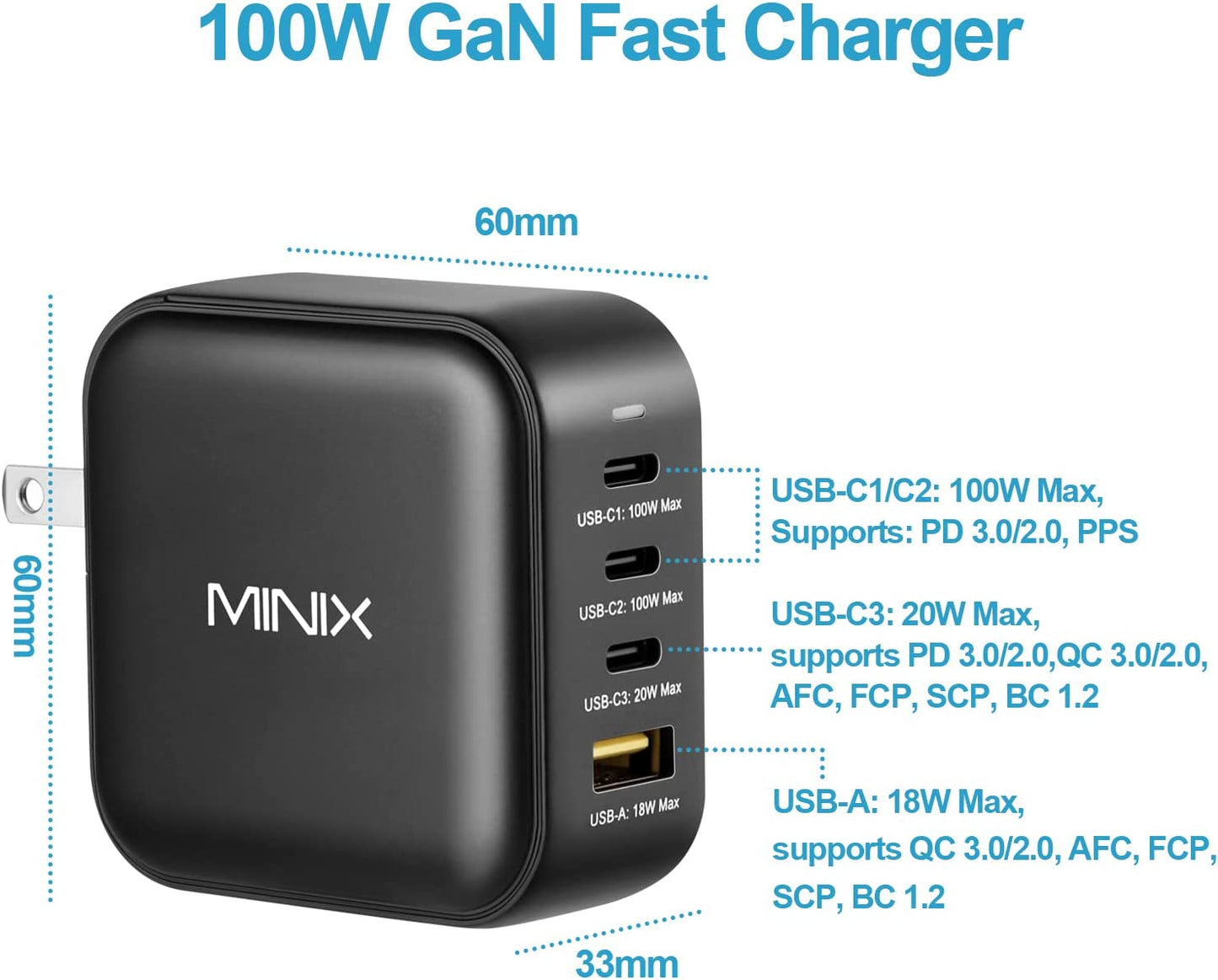 MINIX NEO P3 100W Turbo 4-Ports Gan Wall Charger, 3 X USB-C Port Fast Charging Adapter(Max 100W/20W), 1 USB-A (Max 18W). Compatible with Macbook Pro Air, Ipad Pro, Iphone 13,12,Galaxy S9 and More.  MINIX Technology Limited   