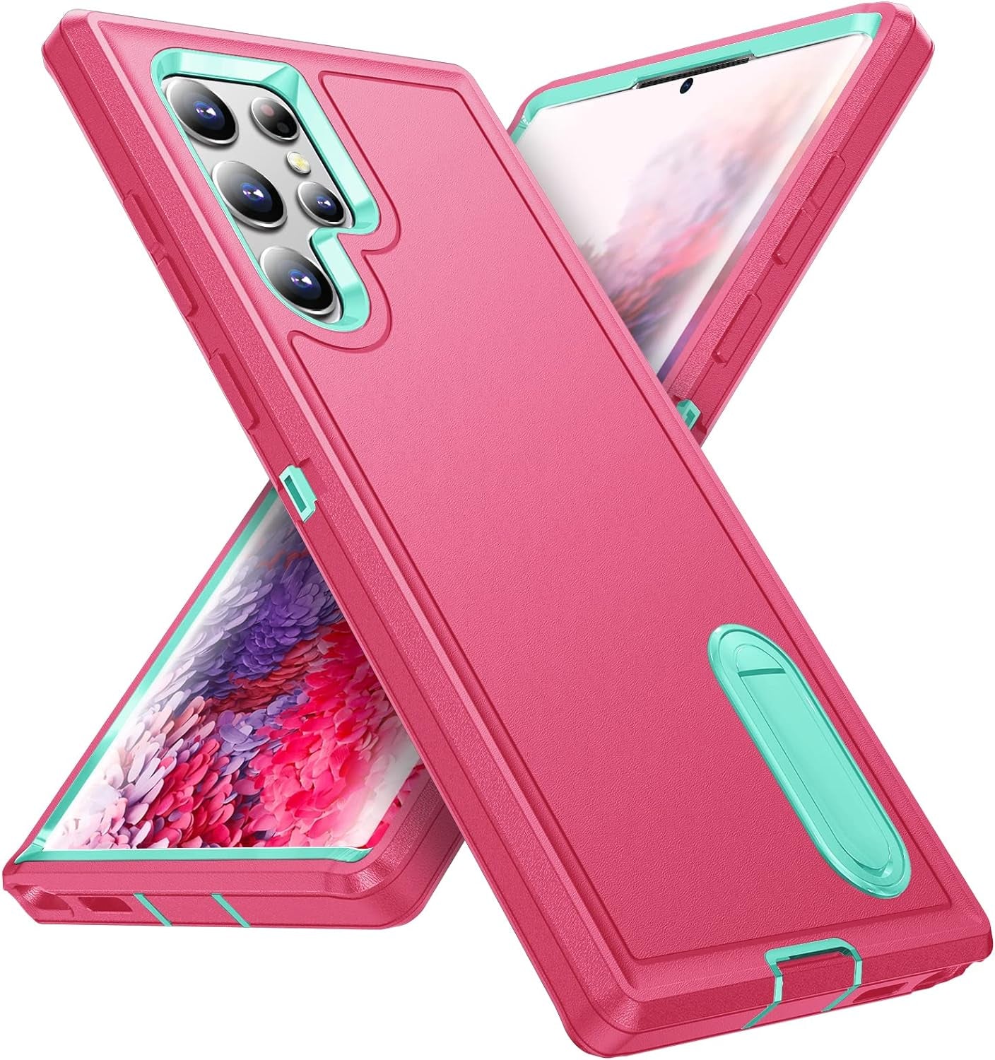 Fucozan for Samsung Galaxy S22 Ultra Case with Kickstand Case 3-Layer Military Grade Protective Case Cover Silicone Heavy Duty Rugged Shockproof for Galaxy S22 Ultra Phone Case (Purple Red+Pink)  Fucozan Rose Red+Cyan  