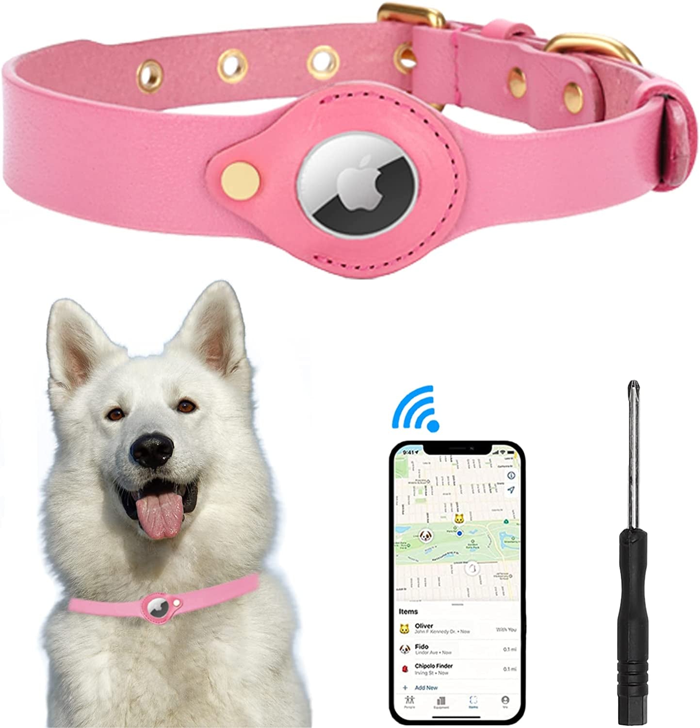 JIPIMON Leather Airtag Dog Collar, Prevents Loss Adjustable Comfortable Genuine Leather Apple Airtag Dog Collar (Small, Black)  JIPIMON Pink Large 