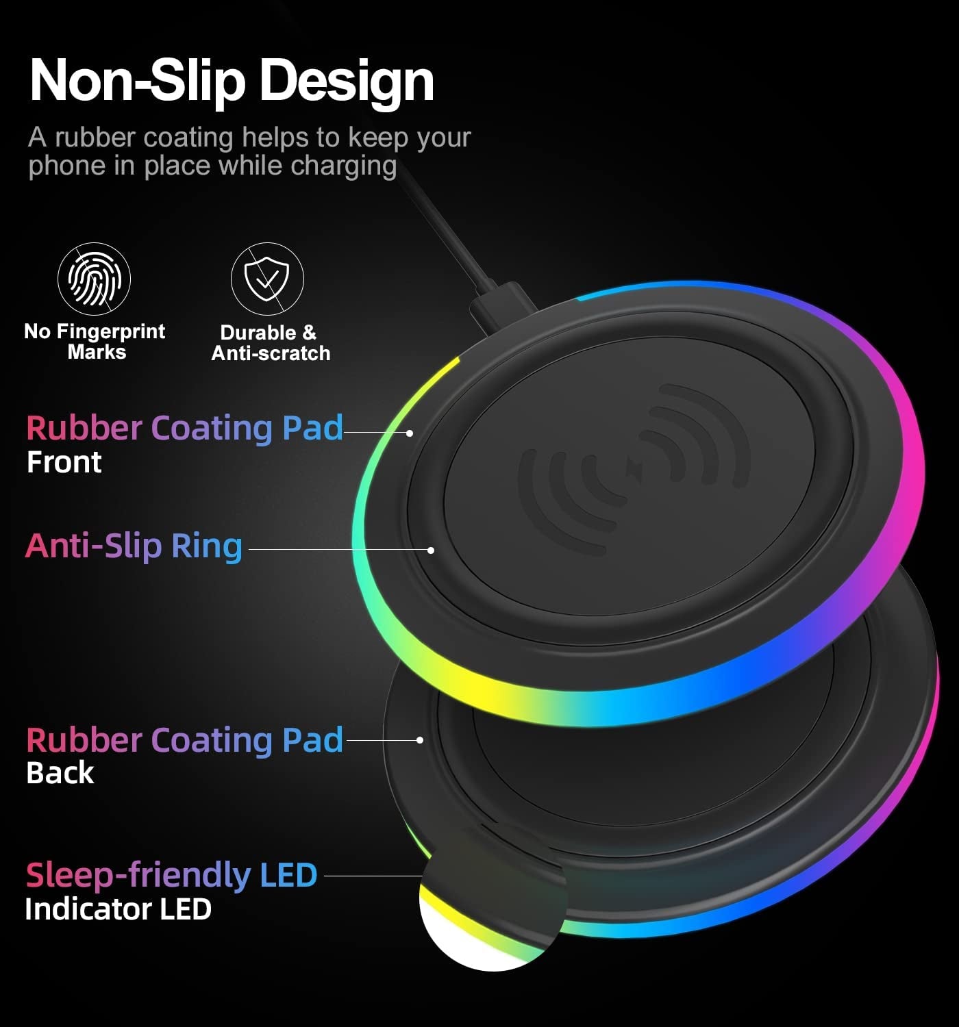 Wireless Charger Pad, 15W Max Fast RGB Wireless Charging Pad Compatible Iphone 14/14 Plus/14 Pro/14 Pro Max/13/13 Mini/Se 2022/12/11/X/8,Samsung Galaxy S22/S21/S20,Airpods 3 2 Pro(No AC Adapter) Black  MMK   