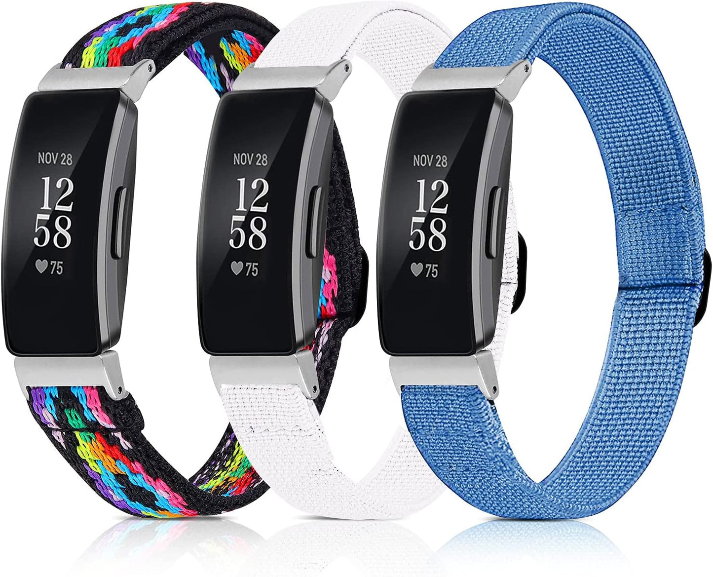 3 Pack Adjustable Fitbit Inspire 2 Bands, Compatible with Fitbit Inspire 2 / Inspire Hr/Inspire, Soft Loop Nylon Fabric Breathable Stretchy Replacement Straps for Women/Men  POHNUI Rhombus flower+white plain weave+blue  