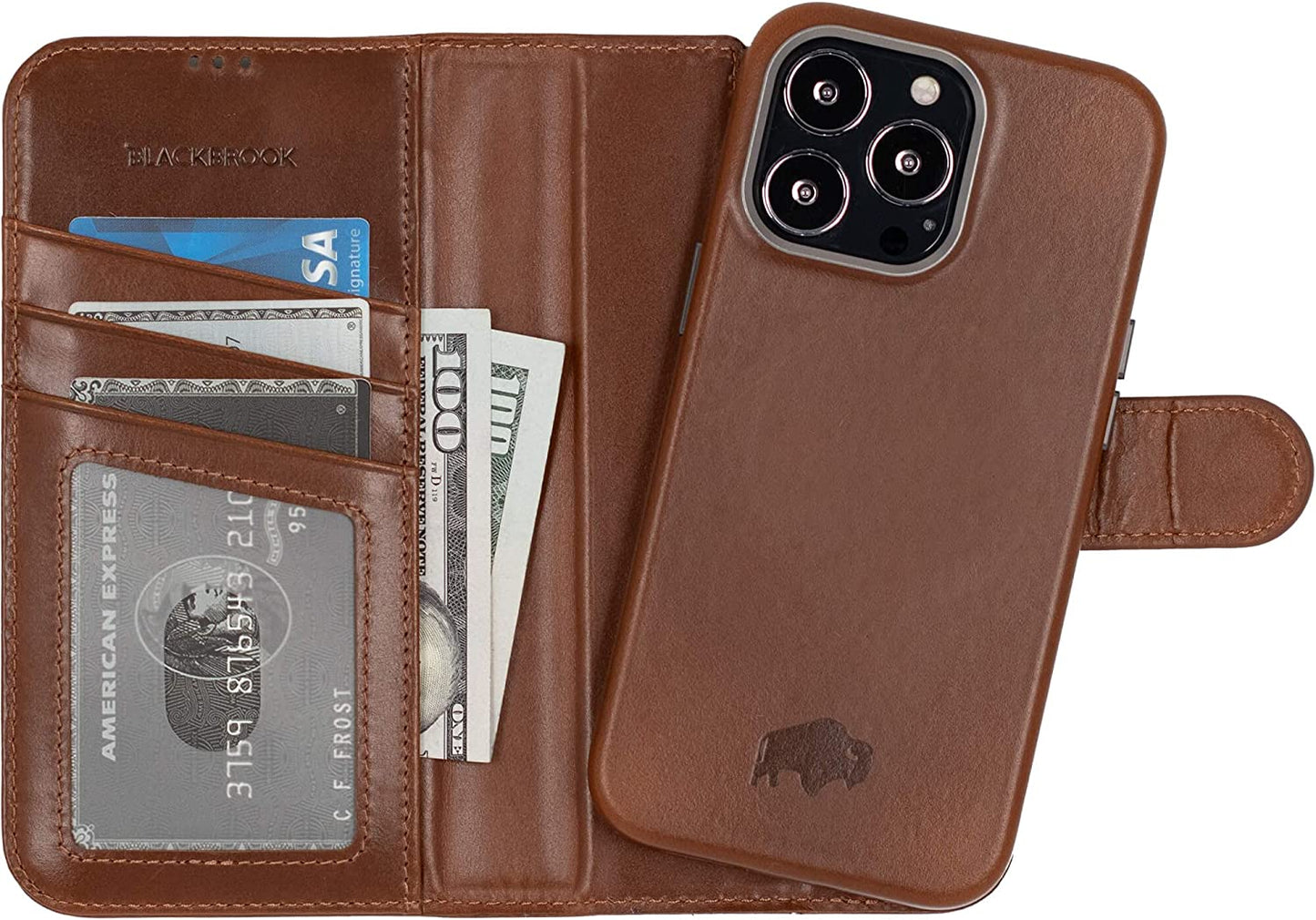 BLACKBROOK Iphone 14 Pro Wallet & Case Set - (2 in 1) Carson Full Grain Leather Detachable Wallet for Iphone 14 Pro (6.1") - 3 Credit Card Slots, Cash & Clear ID Pockets - Magsafe Compatible  BLACKBROOK Burnished Tan  
