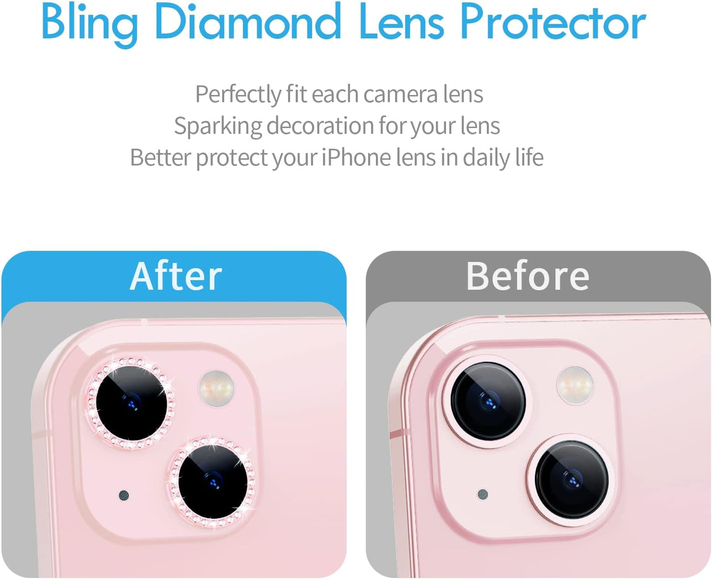Xfilm Bling Diamond Camera Lens Protector for Iphone 13 / Iphone 13 Mini, HD Clear Tempered Glass Camera Lens Screen Protection Cover, Case Friendly, Scratch Proof (Diamond Pink)  Xfilm   