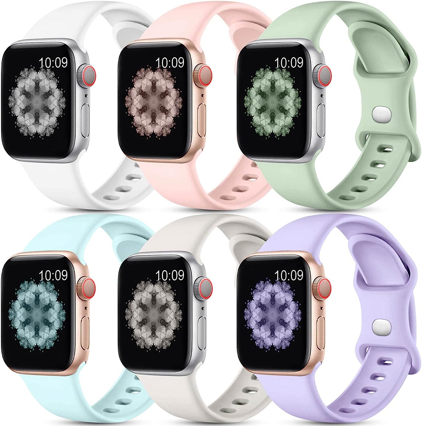 SNBLK [6 Pack] Compatible with Apple Watch Band 38Mm 40Mm 41Mm 42Mm 44Mm 45Mm 49Mm for Women Men, Soft Silicone Wrist Bands Sport Strap Compatible for Iwatch Series 8 7 6 5 4 3 2 1 SE Ultra  SNBLK White/Pink/Mineral/Starlight/MintGreen/LightPurple 38mm/40mm/41mm 