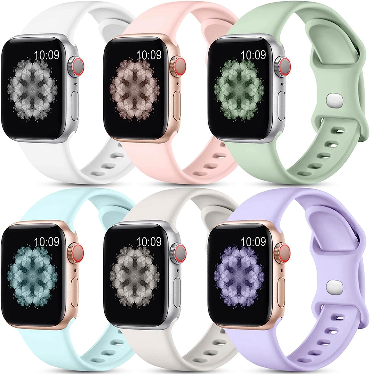 SNBLK [6 Pack] Compatible with Apple Watch Band 38Mm 40Mm 41Mm 42Mm 44Mm 45Mm 49Mm for Women Men, Soft Silicone Wrist Bands Sport Strap Compatible for Iwatch Series 8 7 6 5 4 3 2 1 SE Ultra  SNBLK White/Pink/Mineral/Starlight/MintGreen/LightPurple 38mm/40mm/41mm 