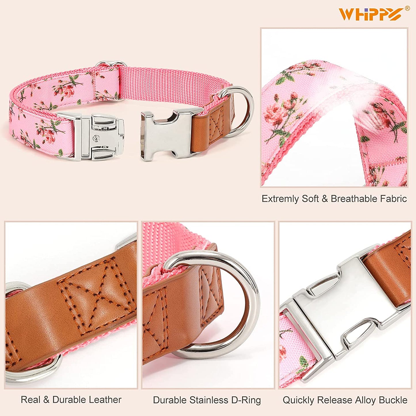 WHIPPY Girl Floral Dog Collar Cute Pink Flower Print Puppy Collar Adjustable Heavy Duty Nylon Collar with Metal Buckle Soft Comfortable Collar for Small Medium Large Dog Pet,M,Flower Pink  WHIPPY   