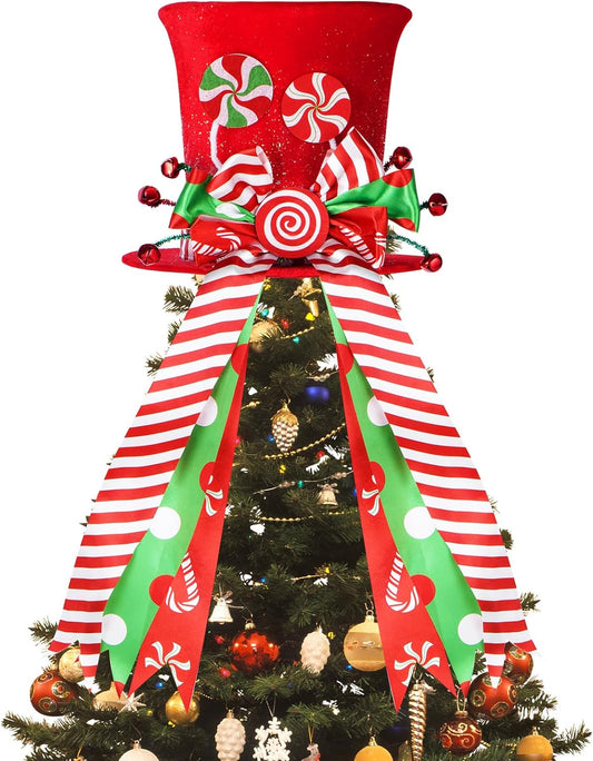 Top Hat Christmas Tree Topper, Red Felt Top Hat Christmas Tree Topper with Striped Bow Ribbon & Lollipop, Christmas Tree Decorations Top Hat  XXFUN   