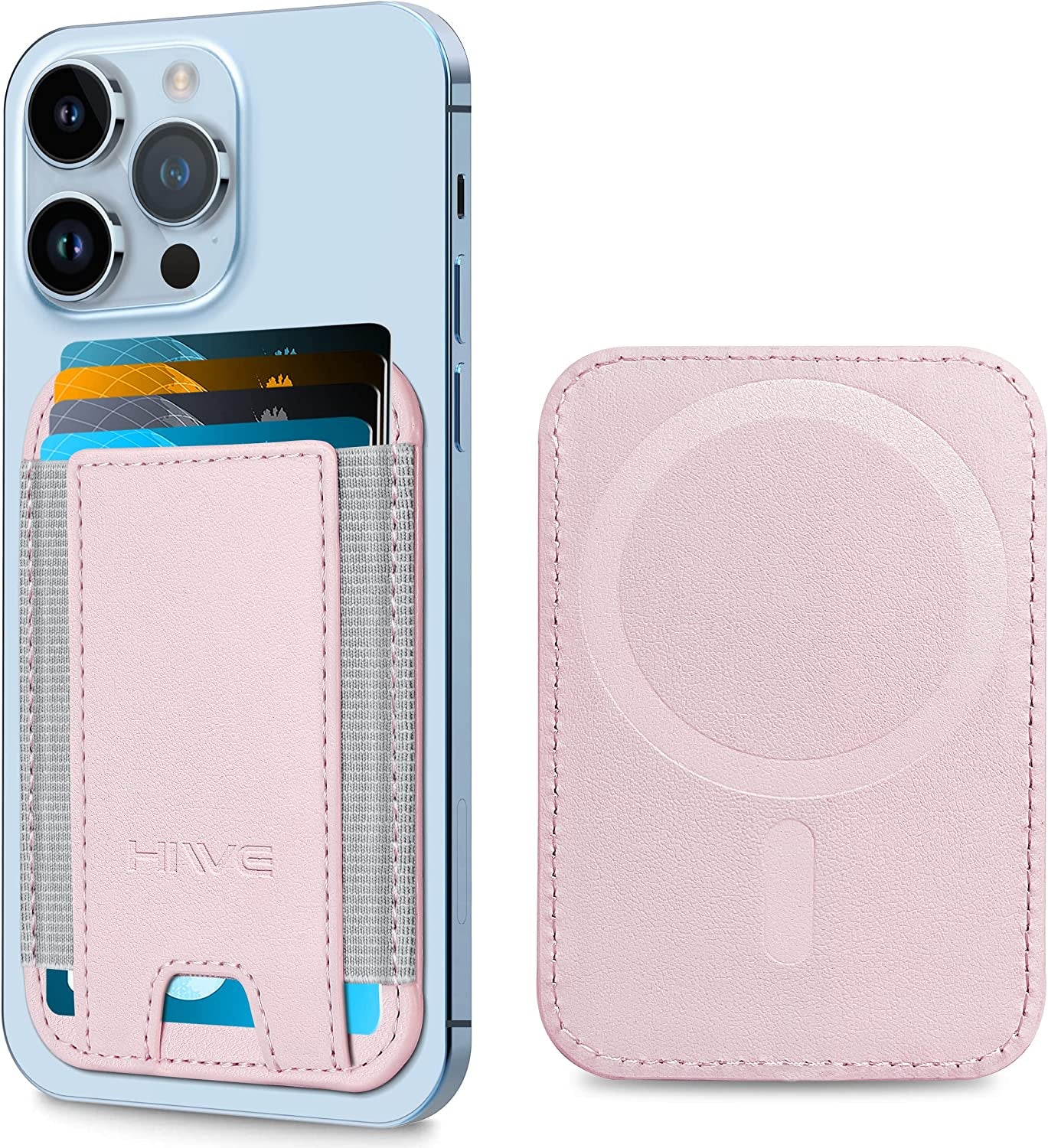 Magnetic Card Wallet Holder for Apple Magsafe, Magnetic Card Holder Magsafe for Iphone 12 Iphone 13/14 Magsafe Wallet, Mag-Safe Leather Wallet for Back of Iphone 14/13/ 12 Series, Fit 6 Cards, Black  HiWe H-Pink  