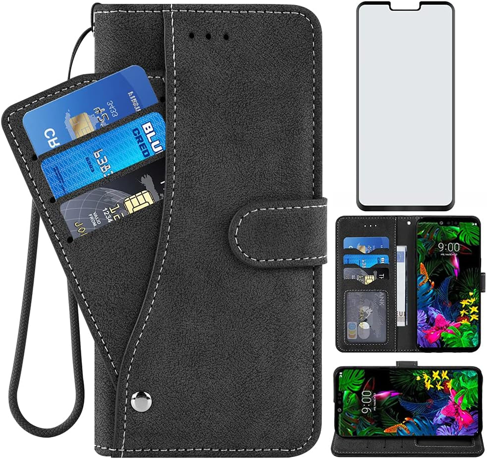 Asuwish Compatible with LG G8 Thinq Wallet Case and Tempered Glass Screen Protector Flip Cover Credit Card Holder Stand Cell Accessories Phone Cases for LGG8 Thin Q G 8 LG8 G8Thinq Lgg8Thinq 8G Blue  NSS Black  