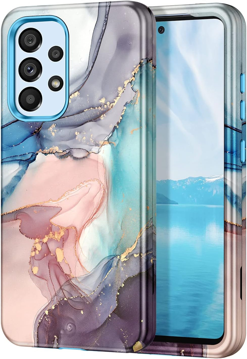 Btscase for Samsung Galaxy A53 5G Case, Marble Pattern 3 in 1 Heavy Duty Shockproof Full Body Rugged Hard Pc+Soft Silicone Drop Protective Women Girl Cover for Galaxy A53 5G,Dreamland River/Purple  Btscase Blue Gray  