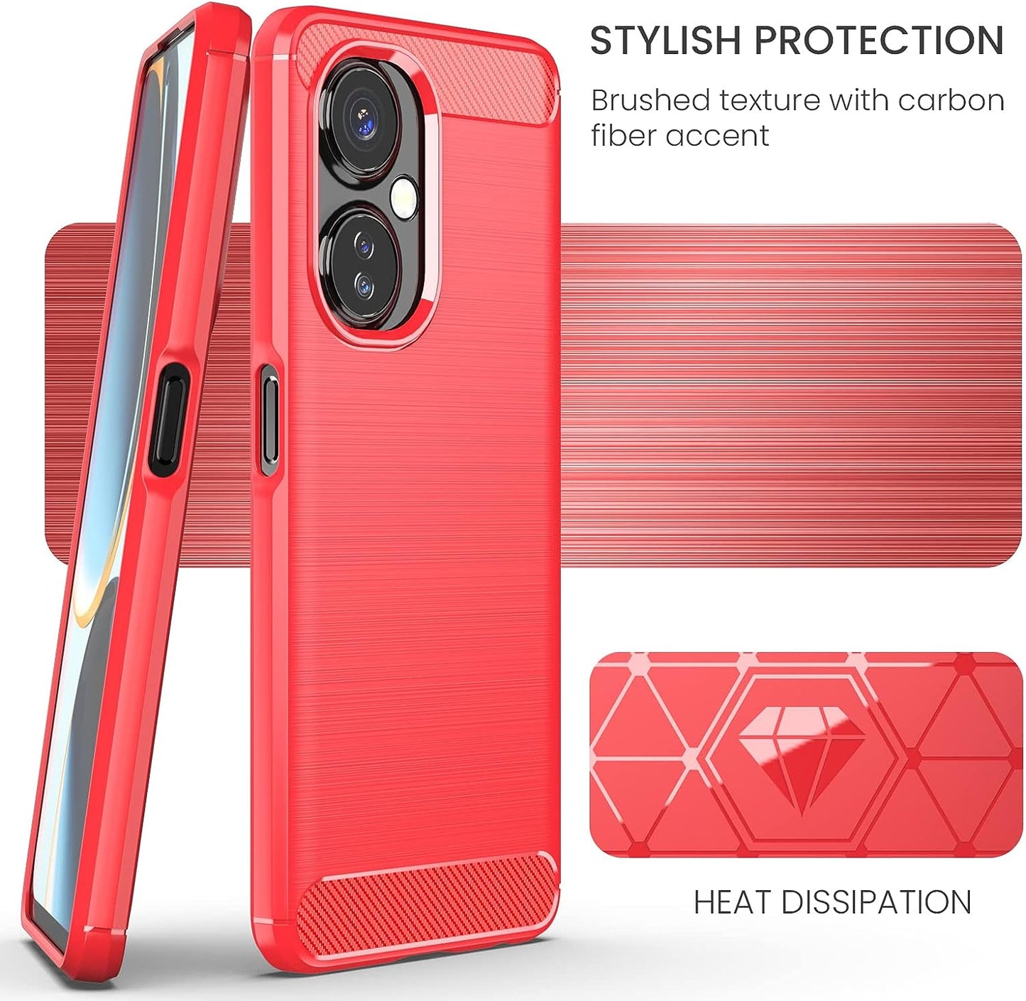 Dretal for Oneplus Nord N30 5G Case with Tempered Glass Screen Protector, Shock-Absorption Brushed Flexible Soft TPU Carbon Fiber Protective Cover for Oneplus Nord N30 5G (Ls-Red)  Dretal   