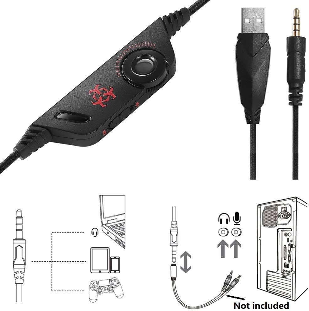 Gaming Headset RGB Illuminated Computer Headphones Wired Earphones Subwoofer Headset E-Sports Accessories Sound Enhancement Equipment with Microphone for PC, Smart Phones, Tablets (Red)  Crazy-Store   