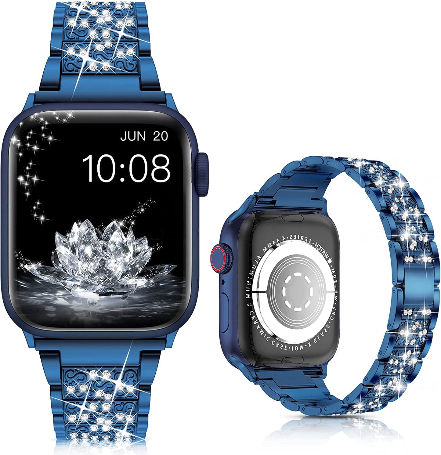 LELONG for Apple Watch Band 38Mm 40Mm 41Mm Series 8 Series 7 6 5 4 3 2 1 SE Ultra, Bling Replacement Bracelet Iwatch Band, Diamond Rhinestone Stainless Steel Metal Wristband Strap  LELONG AI-Blue 38mm/40mm/41mm 