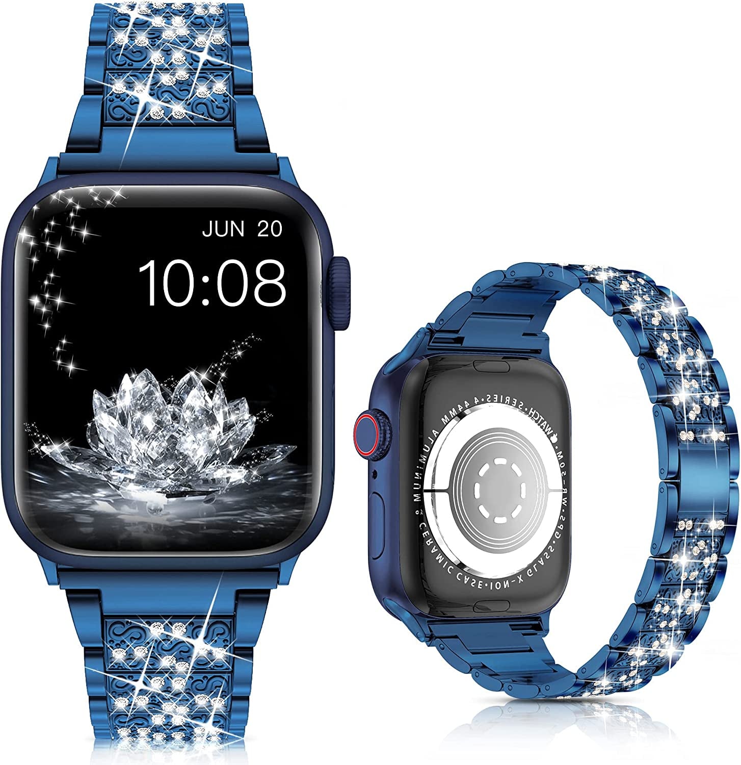 LELONG for Apple Watch Band 38Mm 40Mm 41Mm Series 8 Series 7 6 5 4 3 2 1 SE Ultra, Bling Replacement Bracelet Iwatch Band, Diamond Rhinestone Stainless Steel Metal Wristband Strap  LELONG AI-Blue 38mm/40mm/41mm 