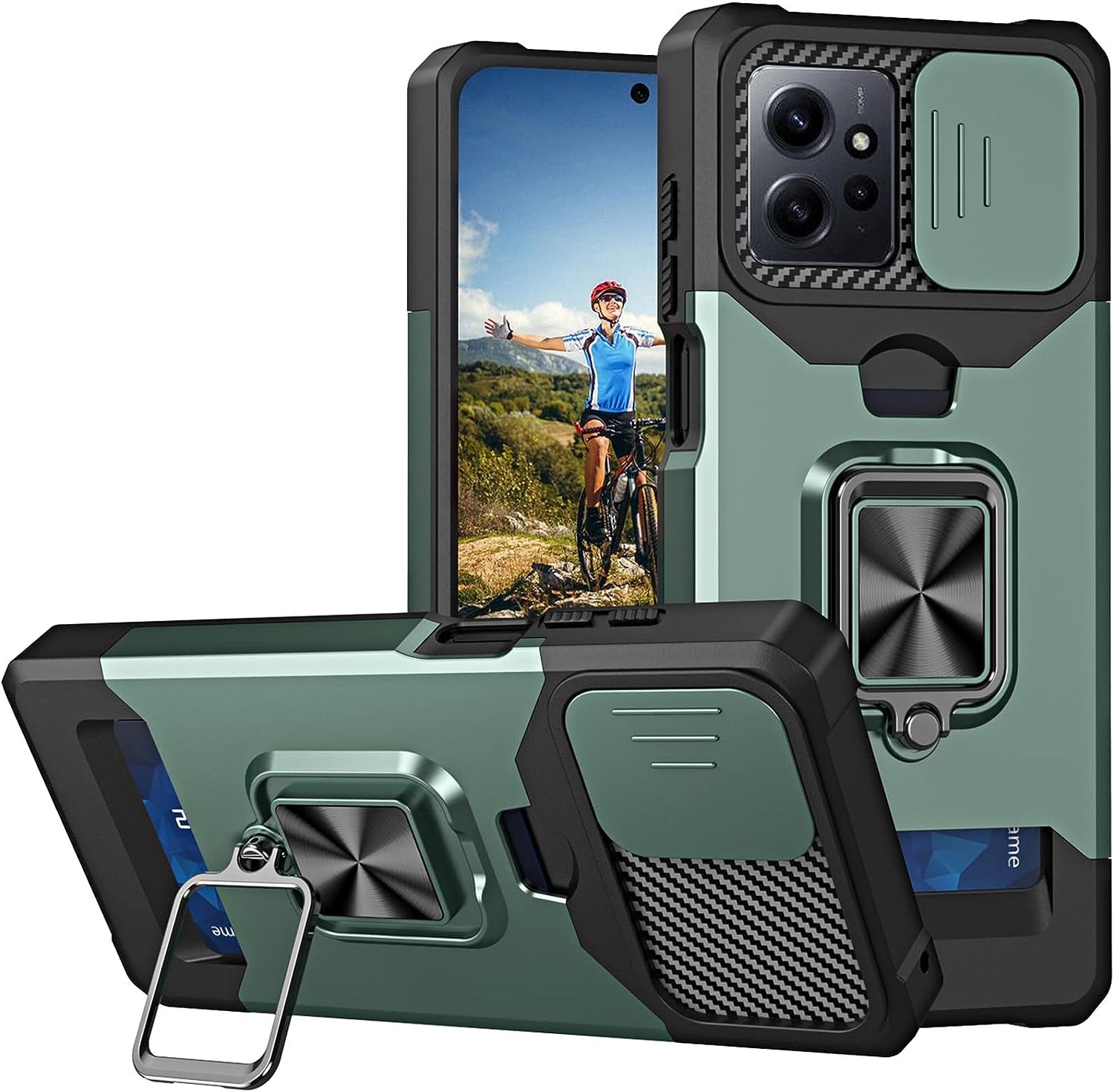 Ysnzaq for Xiaomi Redmi Note 12 4G Case with Card Holder and Sliding Camera (Not 5G), Military Grade Shockproof Protective Phone Cover for Xiaomi Redmi Note 12 4G YHZH Black  Ysnzaq Green  