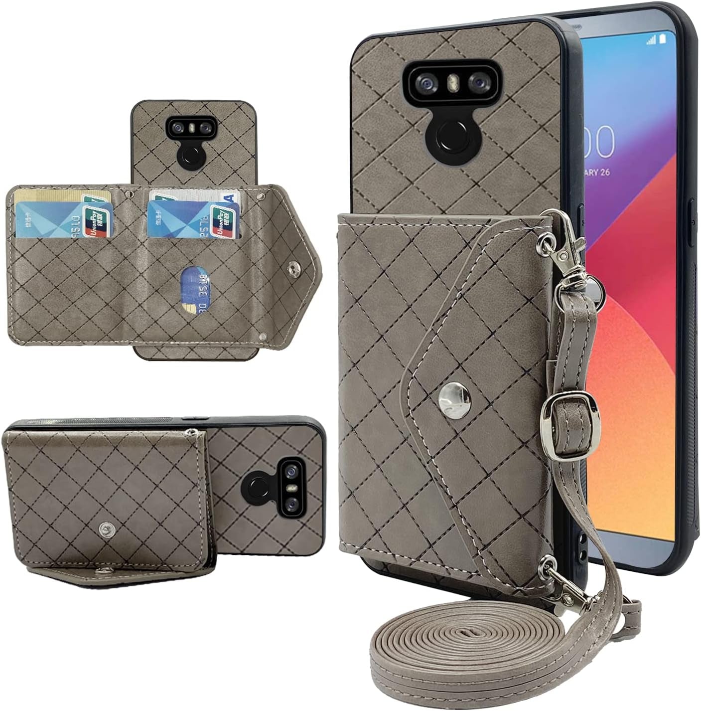 ELISORLI Compatible with LG G6 Wallet Cover with Crossbody Shoulder Strap Stand Leather Credit Card Holder Lanyard Phone Cover for LGG6 Thinq LG6 Thin Q G 6 plus G6+ 6G VS988 H872 Women Girl Grey  ELISORLI   