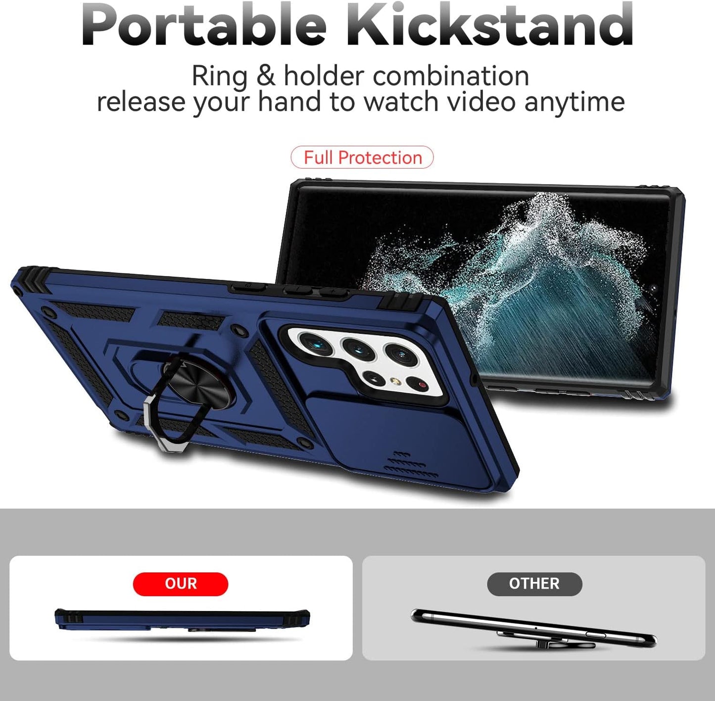 S22 Ultra Case,Samsung Galaxy S22 Ultra Case,With Camera Cover,[Military Grade] 16Ft.Drop Tested Cover with Magnetic Kickstand Protective Case for Galaxy S22 Ultra 6.8 Inch Blue  SKMY   