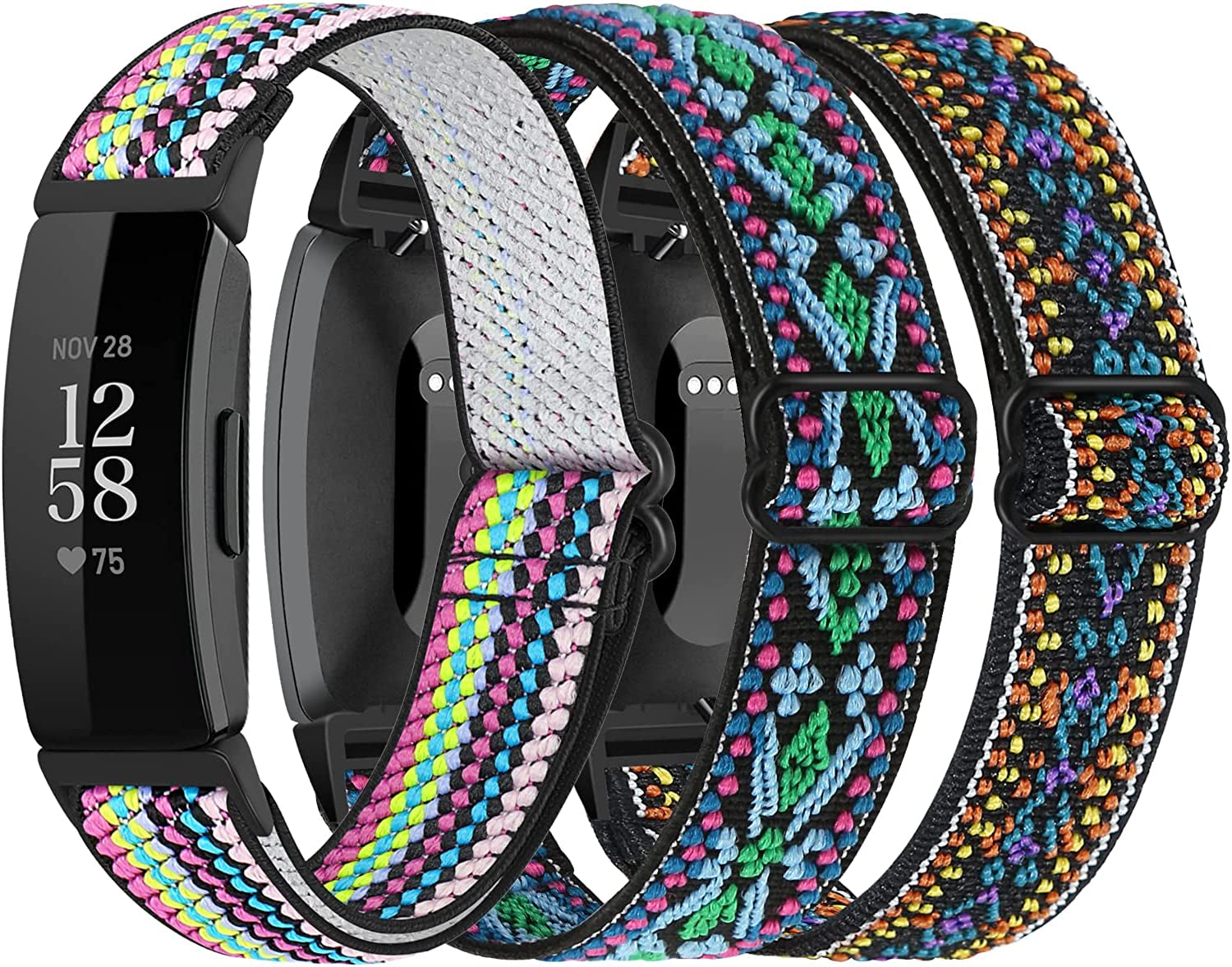 3-Pack Elastic Nylon Bands Compatible with Fitbit Inspire 2 / Inspire Hr/Inspire/Ace 2, Soft Adjustable Solo Loop Replacement Straps for Fitbit Inspire Fitness Tracker Women Men  DKGKOO Boho Green+Colorful+Boho Purple  