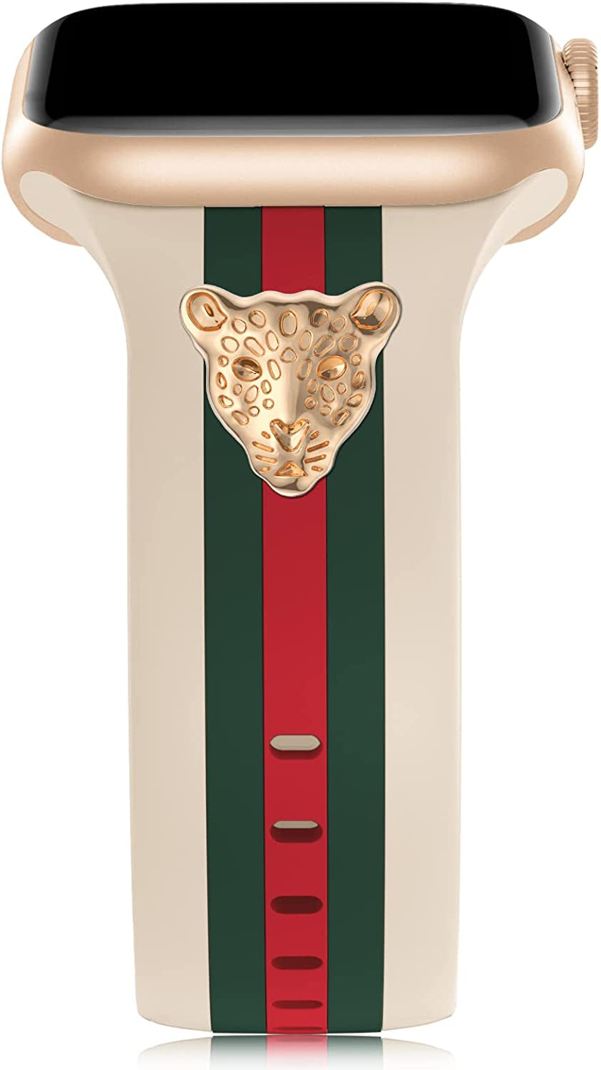 Designer Band with Charms Decor Compatible with Apple Watch Band 38Mm 40Mm 41Mm 42Mm 44Mm 45Mm 49Mm Women Men, Stylish Silicone Sport Wristbands for Iwatch Series 8 7 6 5 4 3 2 1 SE Ultra  Bagoplus Walnut/Green/Red with Leopard 38mm/40mm/41mm 