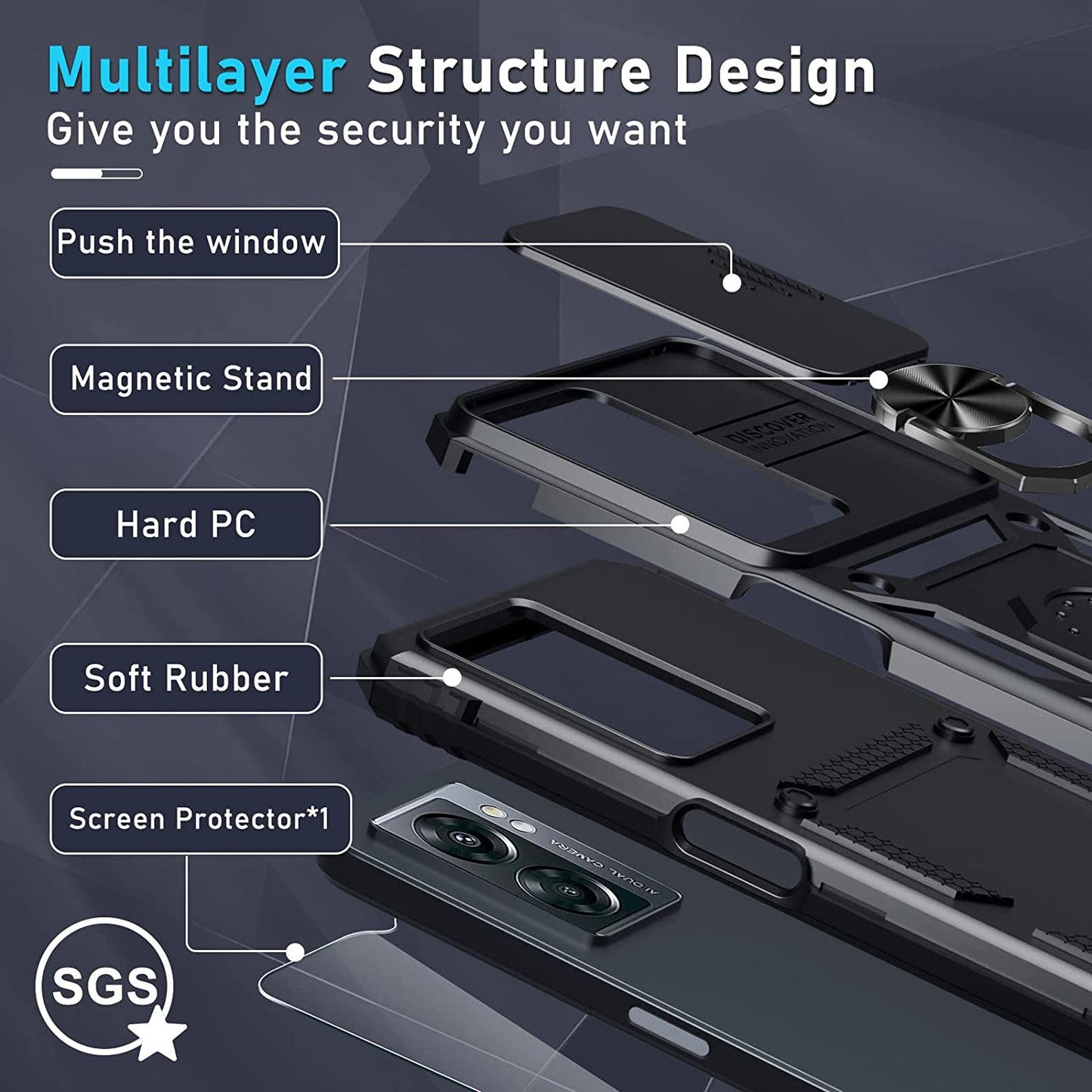 Janmitta Oneplus Nord N300 5G Case Built in Slide Camera Lens Cover and Screen Protector,Heavy Duty Shockproof Full Body Protective Phone Cover,Built in Finger Ring Stable Holder Kickstand,2022 Black  Janmitta   