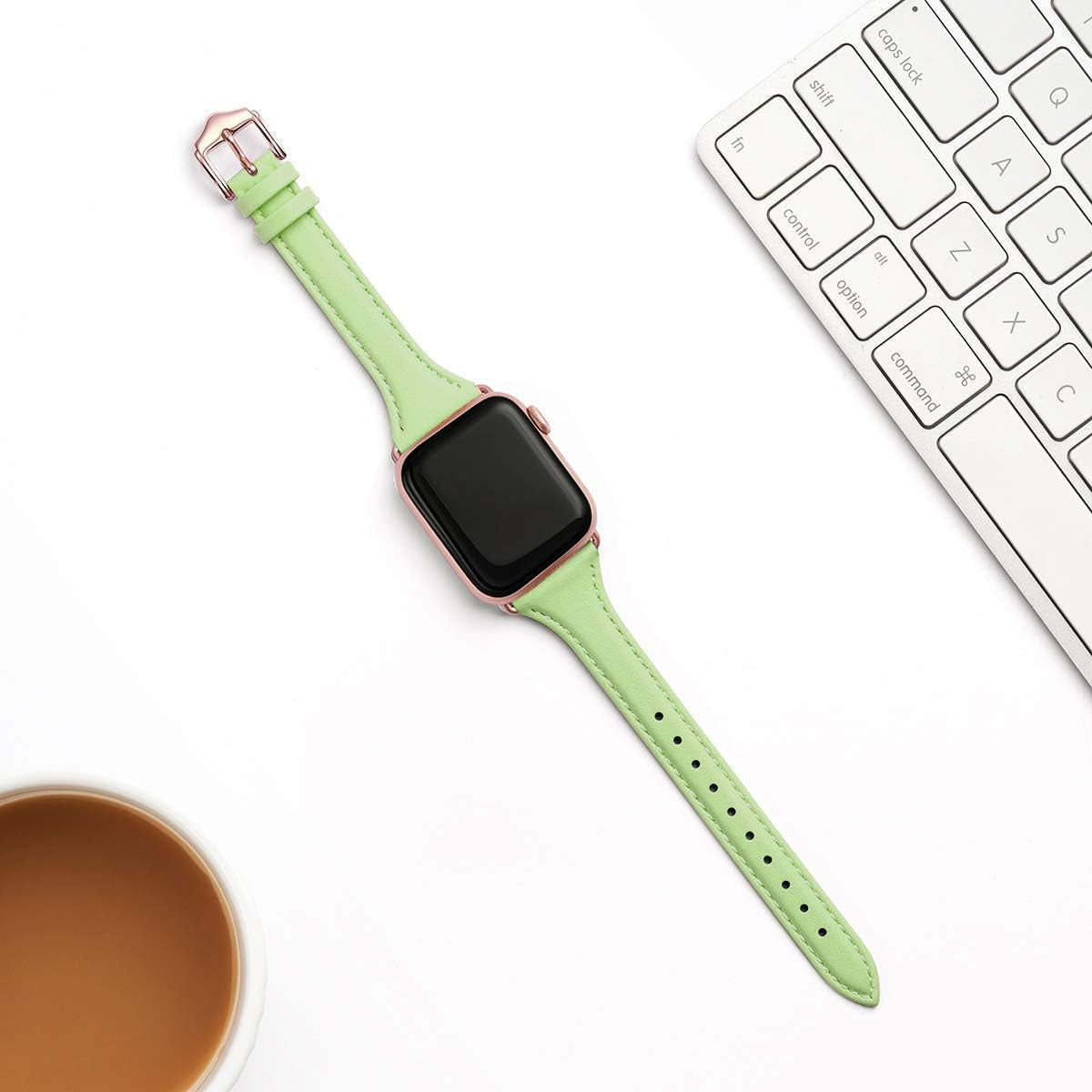 WFEAGL Leather Bands Compatible with Apple Watch Band 42Mm 44Mm 45Mm 49Mm, Top Grain Leather Band Slim & Thin Replacement Wristband for Iwatch Ultra SE & Series 8/7/6/5/4/3/2/1 (Mintgreen/Rosegold)  WFEAGL   
