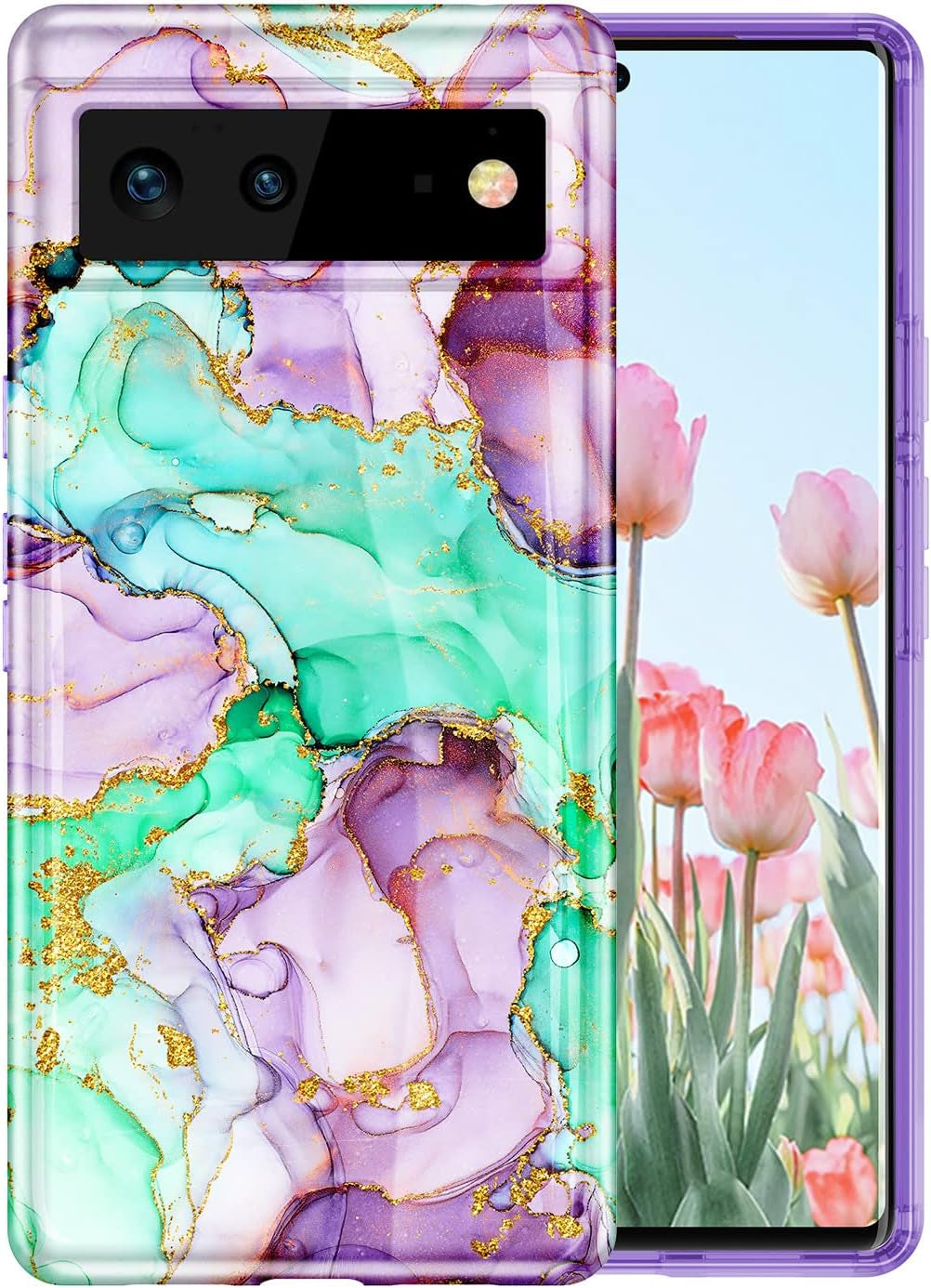 Btscase Gold Glitter Marble - Slim Shockproof Protective Cover for Google Pixel 6 (2021) - Blue/Drift Sand  Btscase Purple Green  