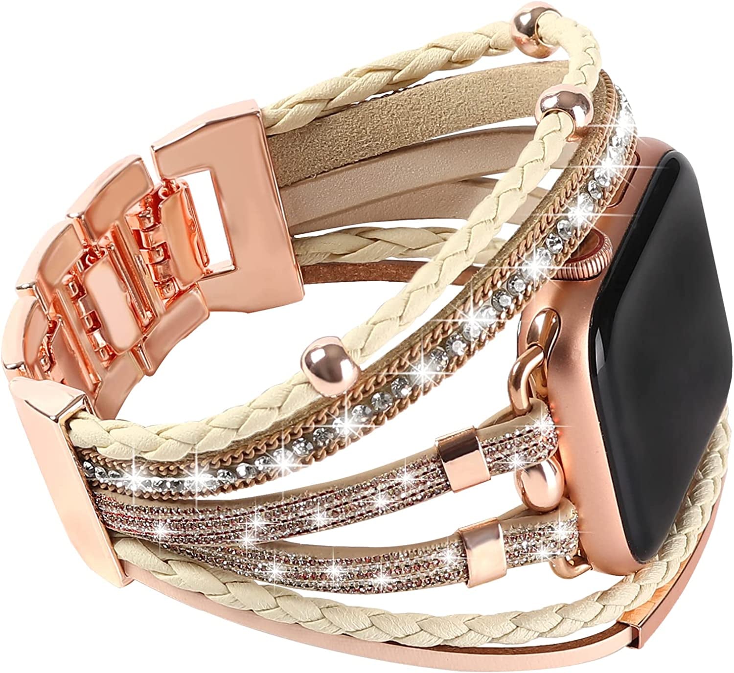 WONMILLE Posh Leather Bands Compatible with Apple Watch 41Mm 40Mm 38Mm 45Mm 44Mm 42Mm 49Mm Women, Boho Bracelets Jewelry Multilayer Wrap Strap for Iwatch Series Ultra 8 7 6 5 4 3 2 1 SE  WONMILLE Glitter Pink/Rose Gold 42mm/44mm/45mm 