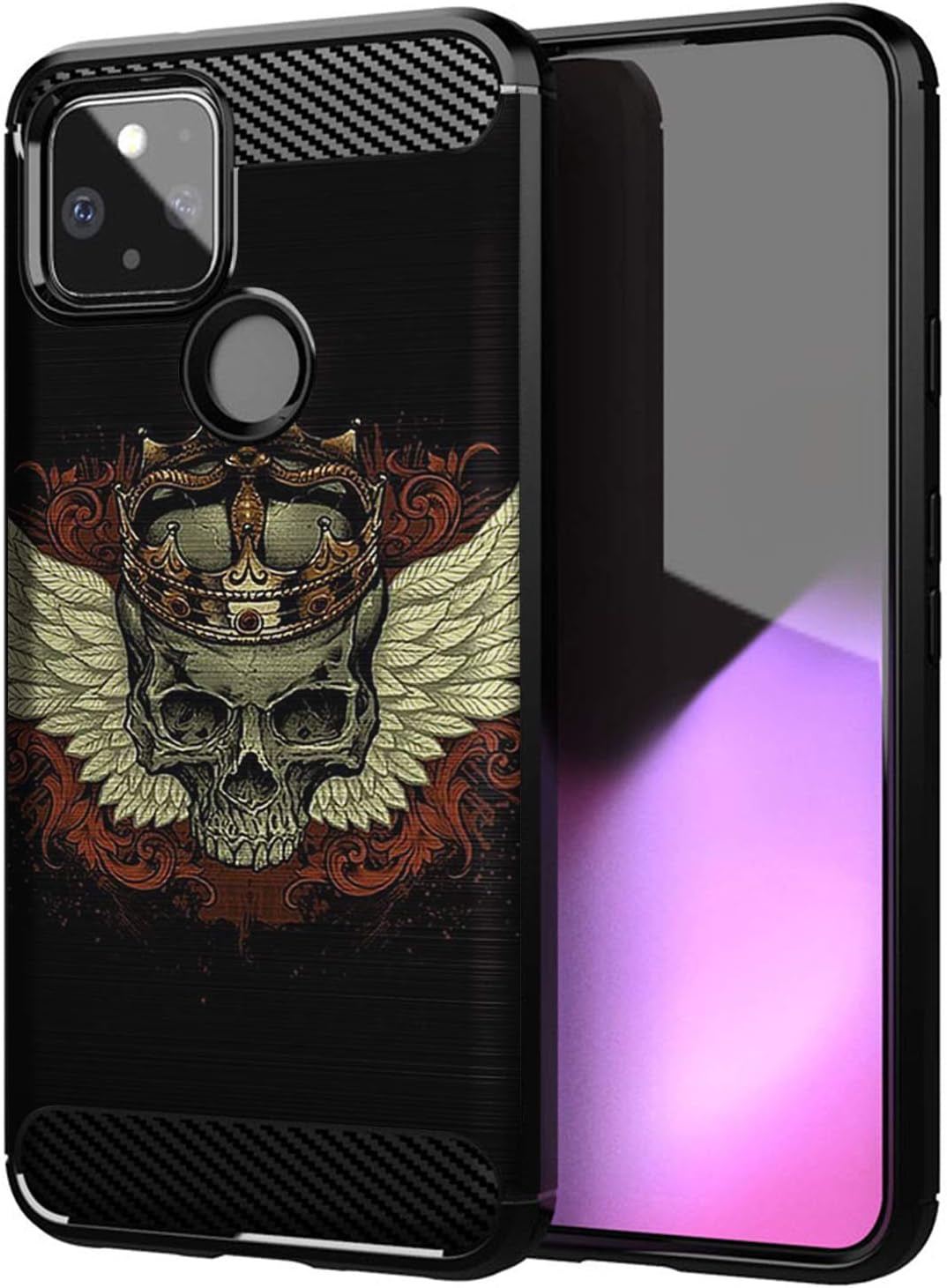 Casesondeck Slim Case Compatible with [Google Pixel 4A 5G (2020)] Thin Scratch Preventing TPU, Matte Finish Carbon Fiber Texture Edges (Mexican Skull)  CasesonDeck Winged Skull  